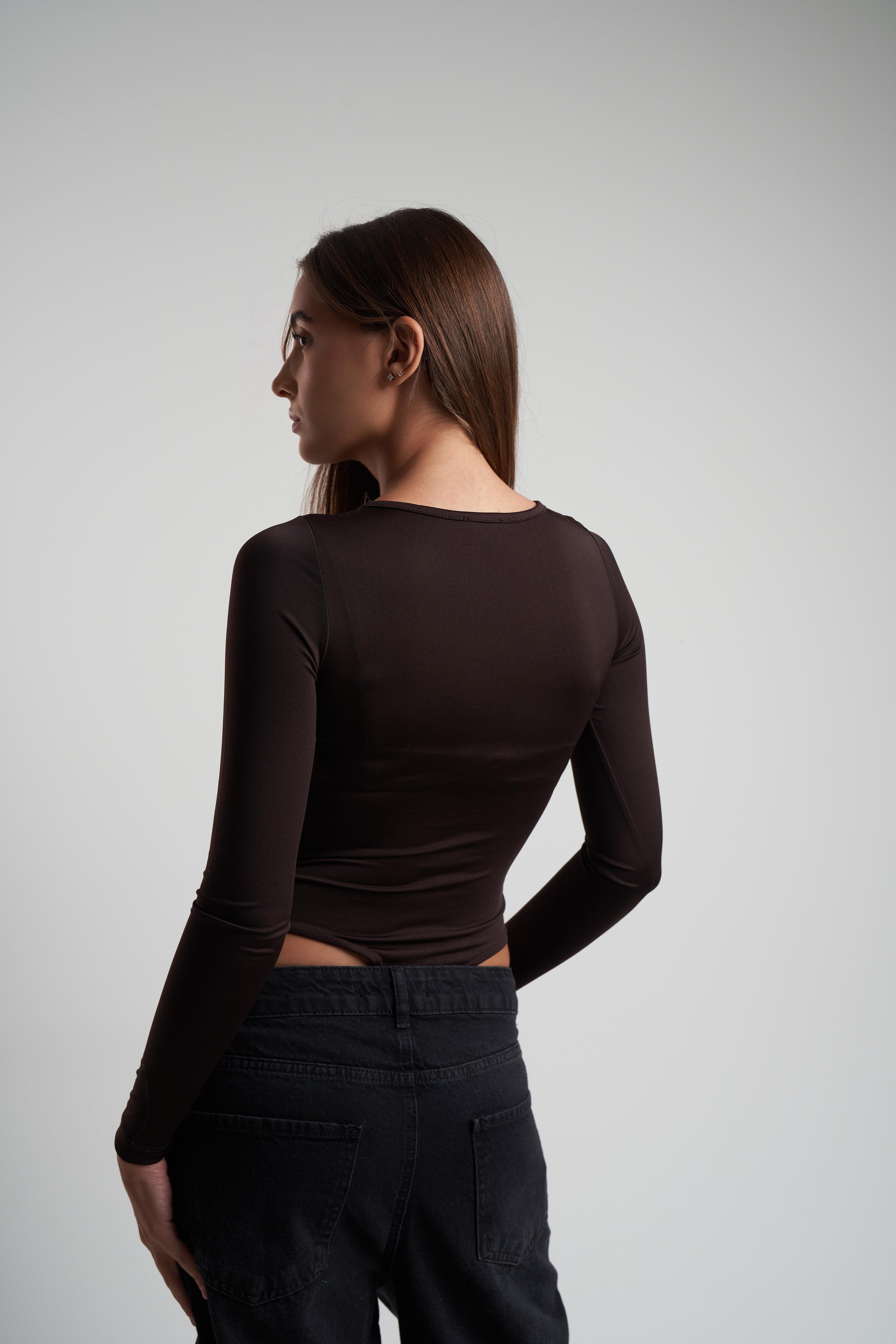 Bisiklet Yaka Basic Bodysuit Kahve