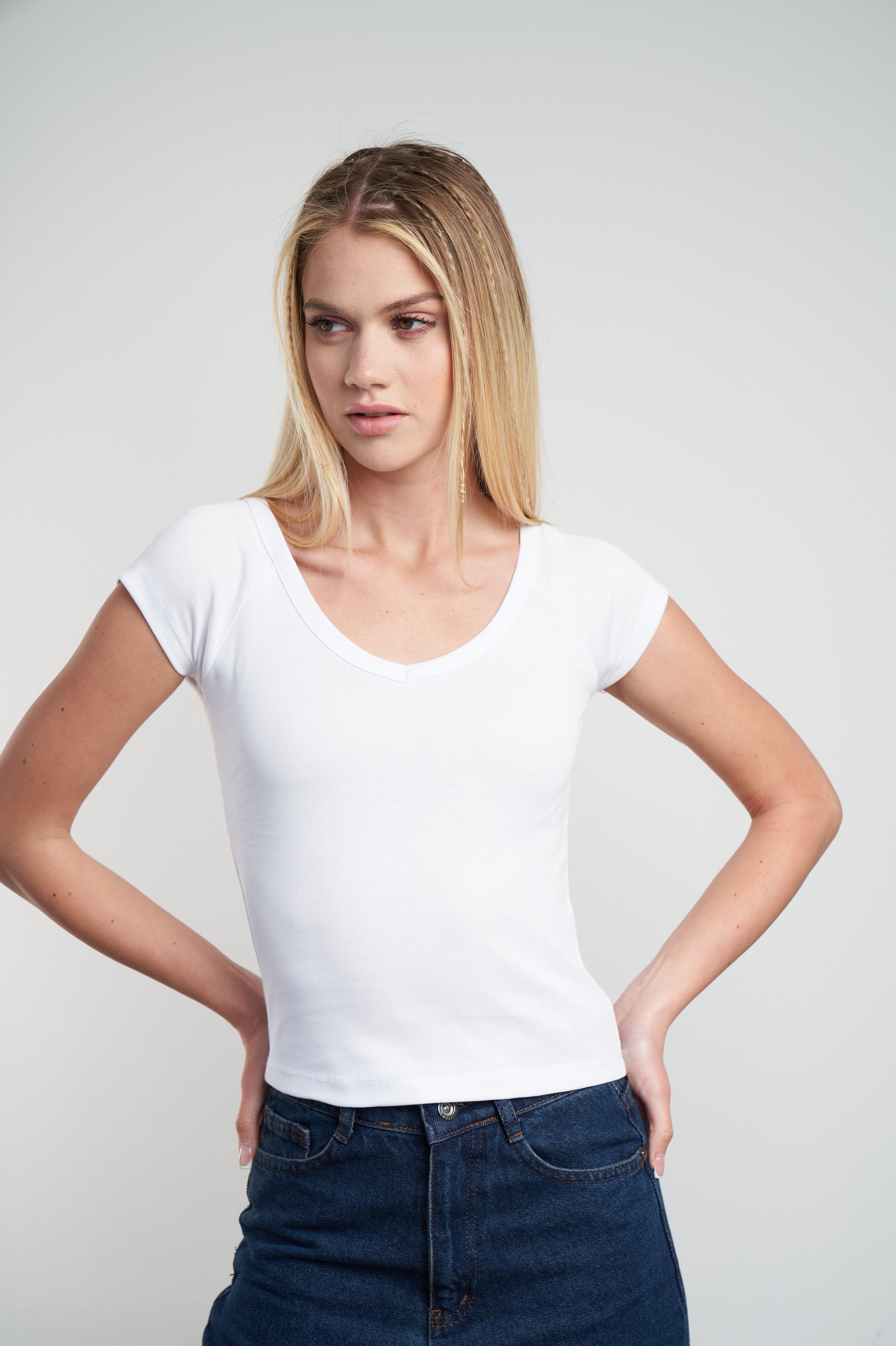 Bisiklet Yaka Basic Crop Bluz Beyaz