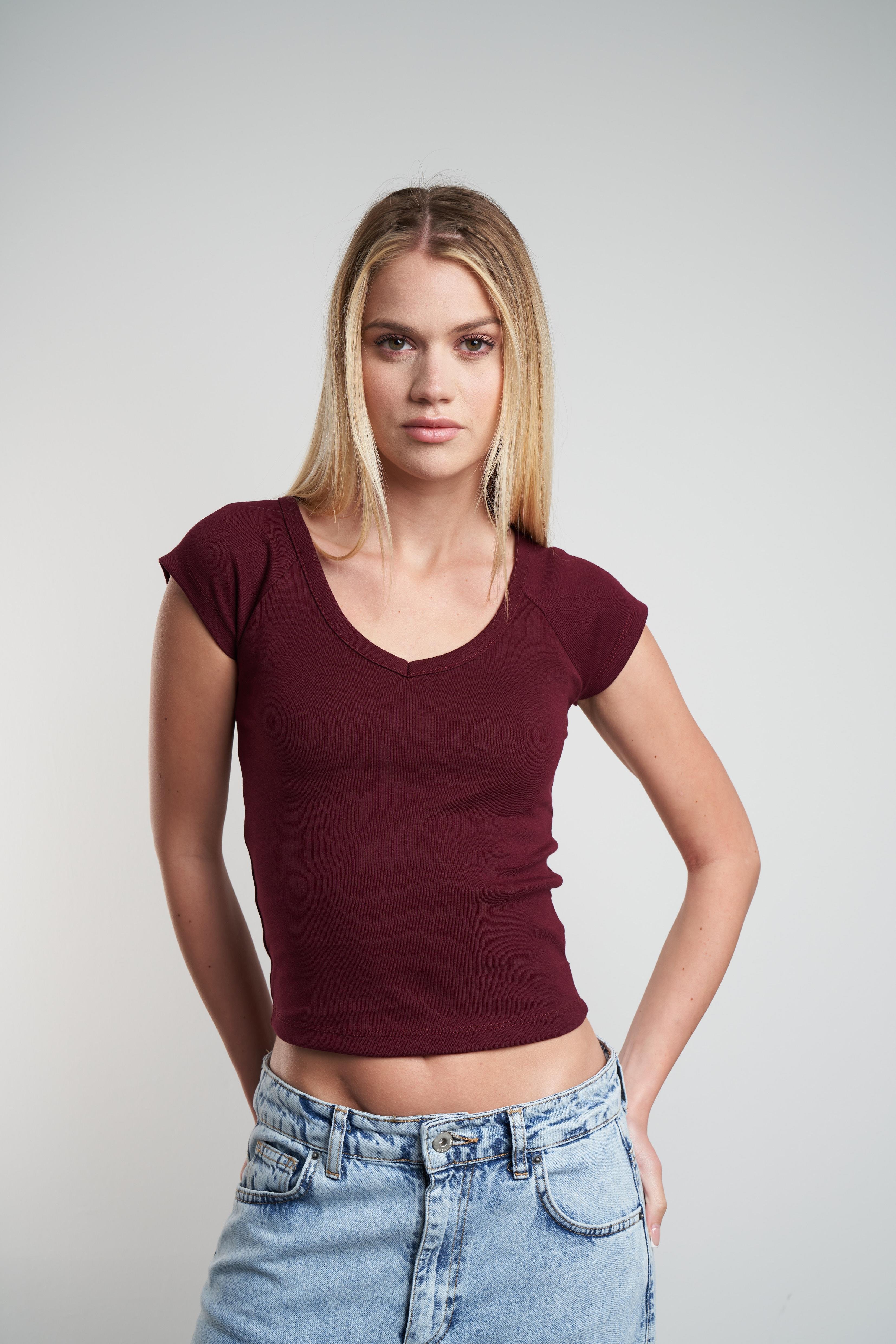 Bisiklet Yaka Basic Crop Bluz Bordo