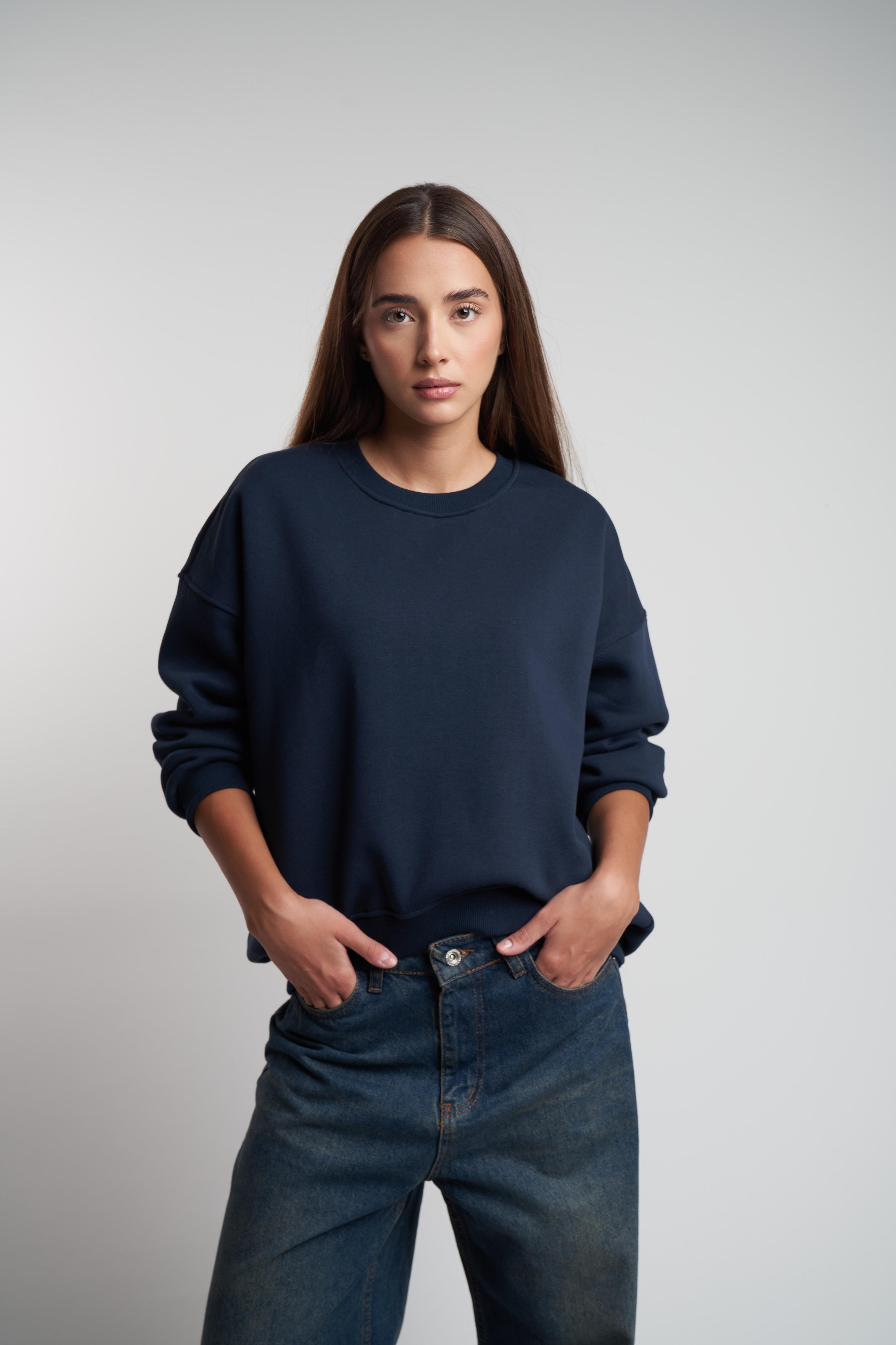Bisiklet Yaka Basic Şardonlu Sweatshirt Lacivert