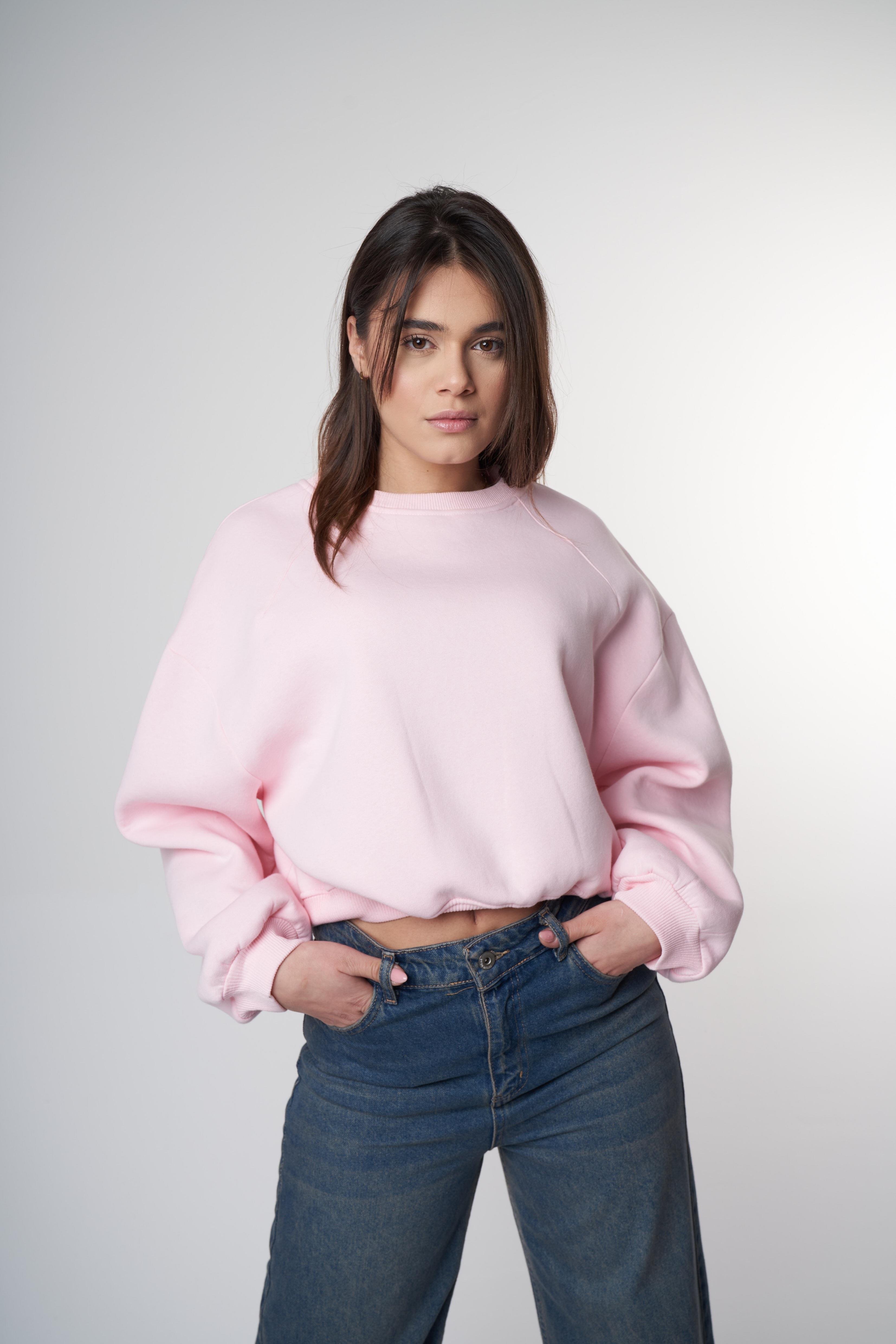 Bisiklet Yaka Basic Şardonlu Sweatshirt Toz Pembe
