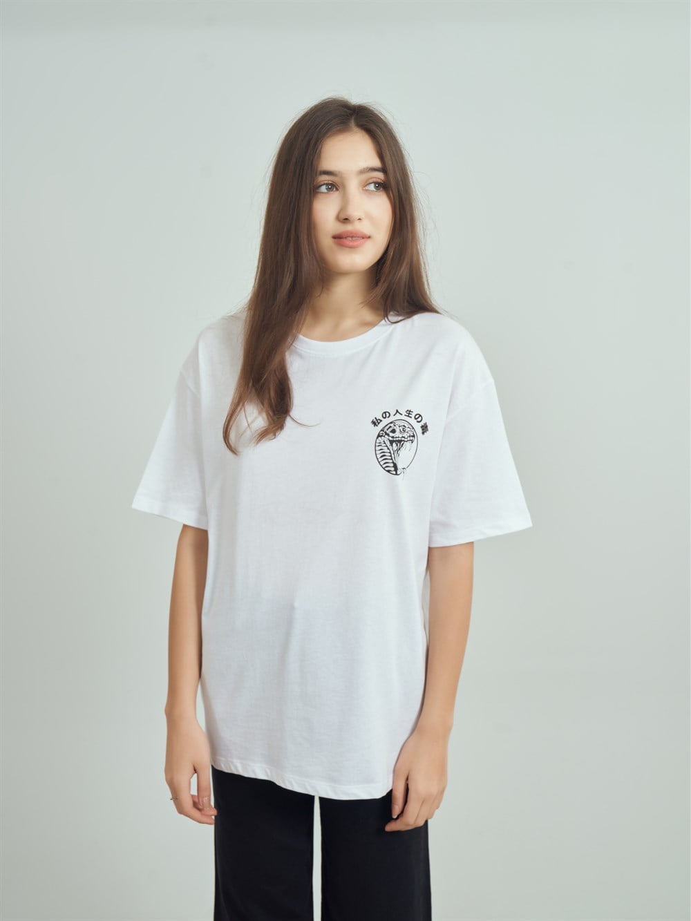 Bisiklet Yaka Çince Yazı ve Yılan Baskılı T-shirt
