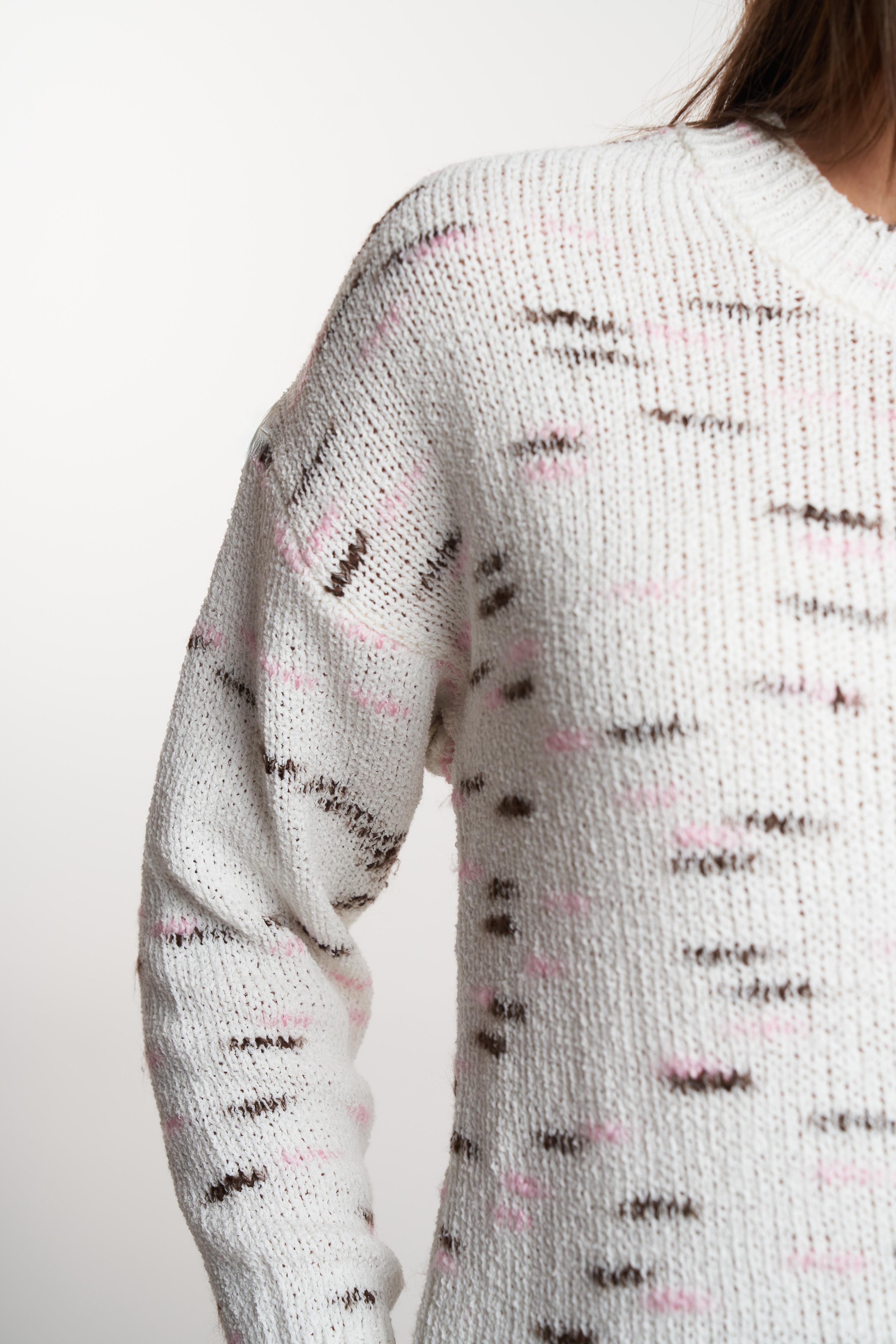 Bisiklet Yaka Desenli Triko Kazak Krem-Kahve