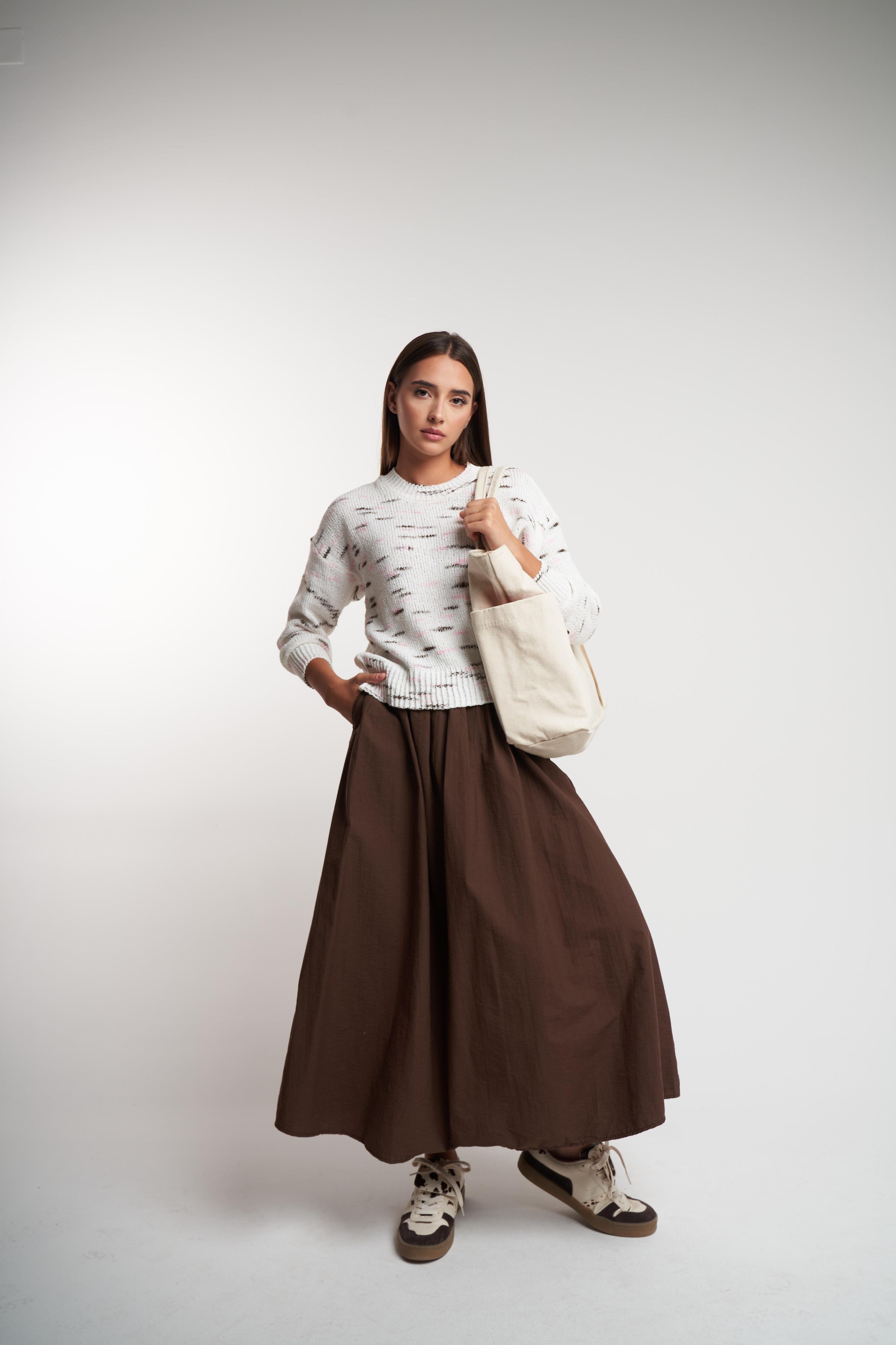 Bisiklet Yaka Desenli Triko Kazak Krem-Kahve