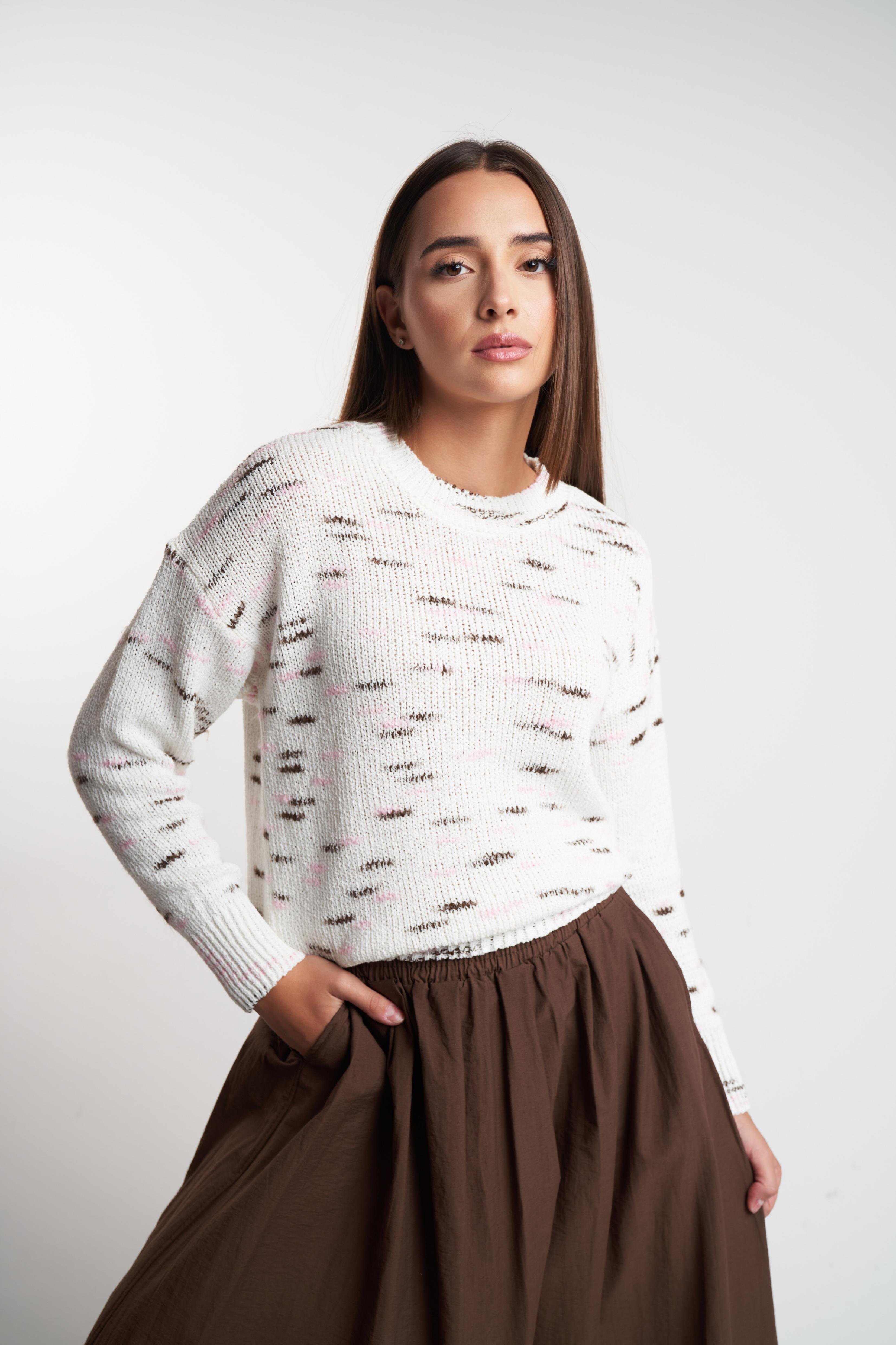 Bisiklet Yaka Desenli Triko Kazak Krem-Kahve