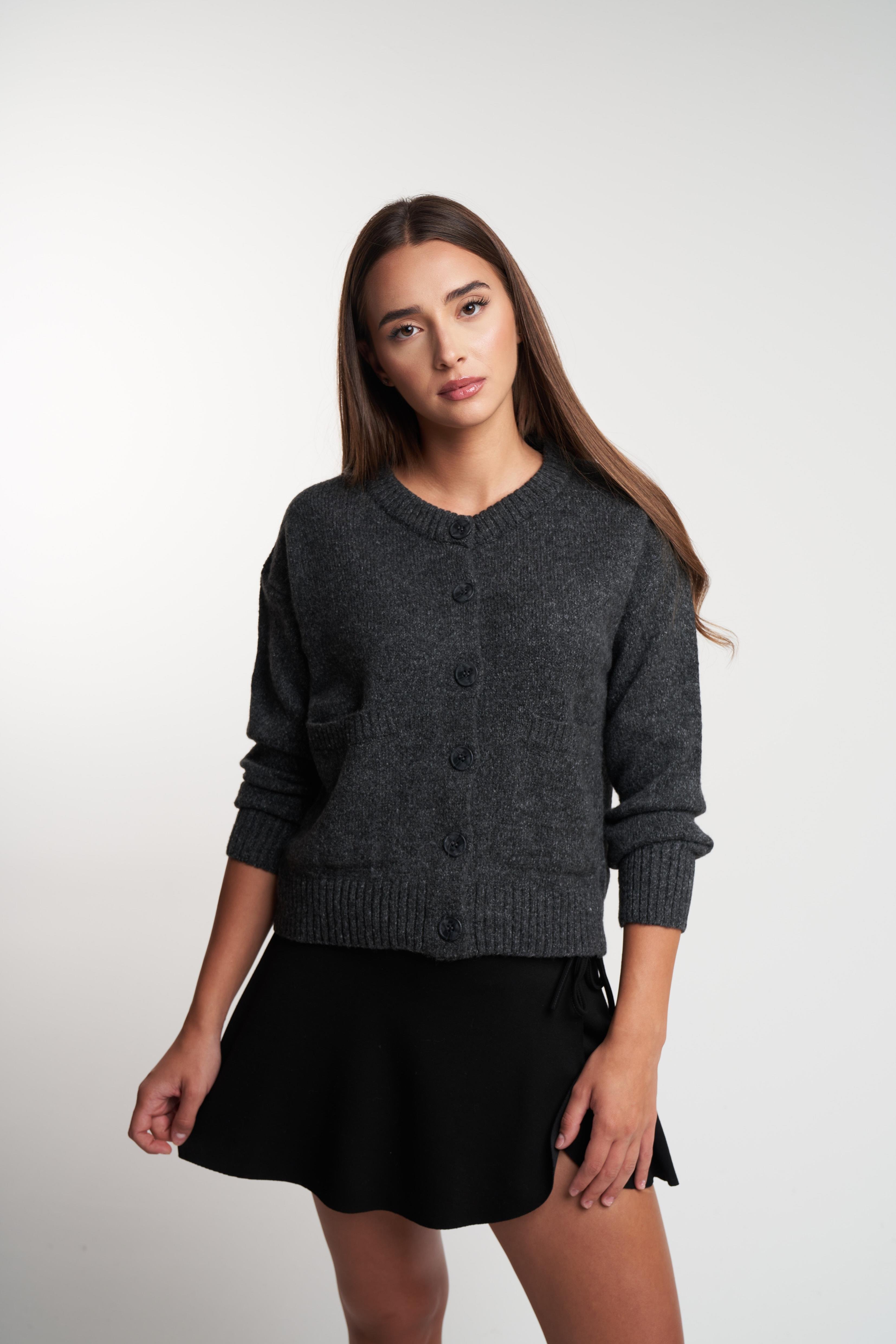 Bisiklet Yaka Düğmeli Kısa Hırka Antrasit