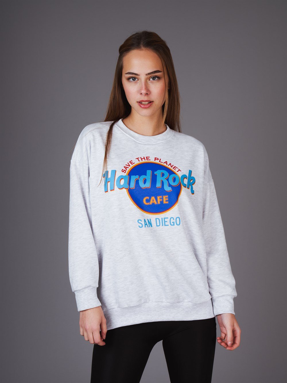 Bisiklet Yaka Hard Rock Yazı Baskılı Sweatshirt