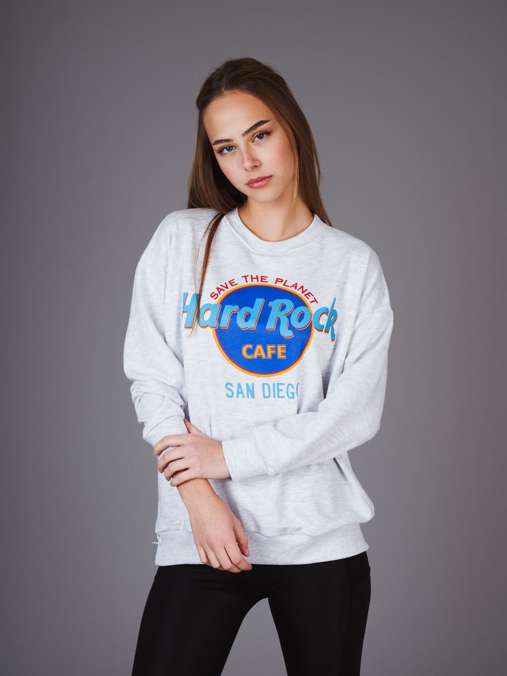 Bisiklet Yaka Hard Rock Yazı Baskılı Sweatshirt