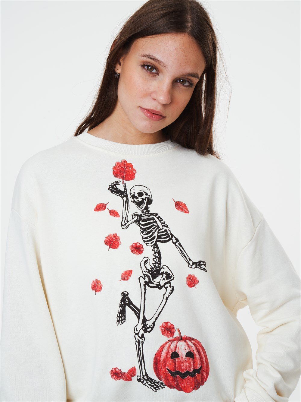 Bisiklet Yaka Iskelet Baskılı Sweatshirt