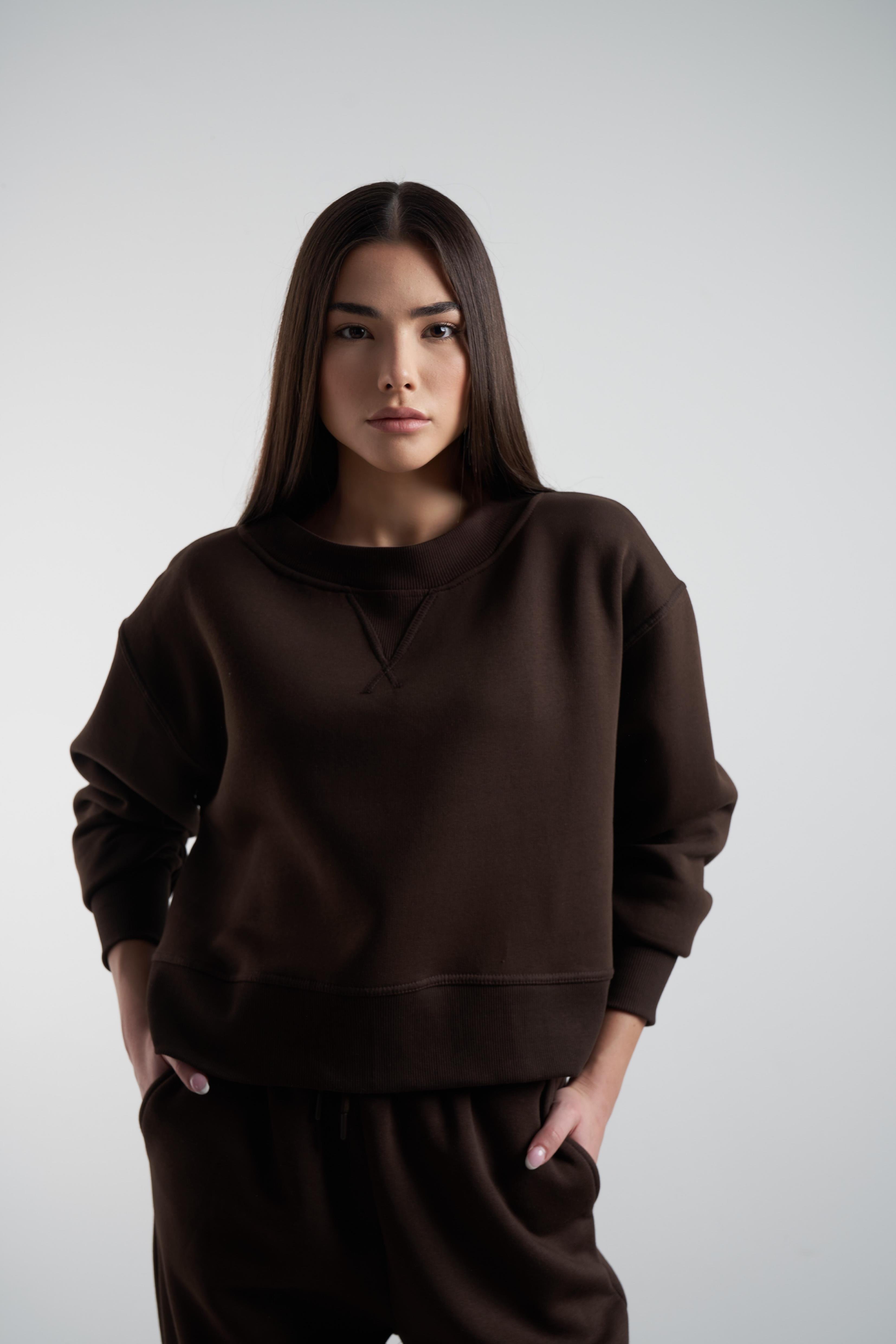 Bisiklet Yaka Şardonlu Sweatshirt Kahve
