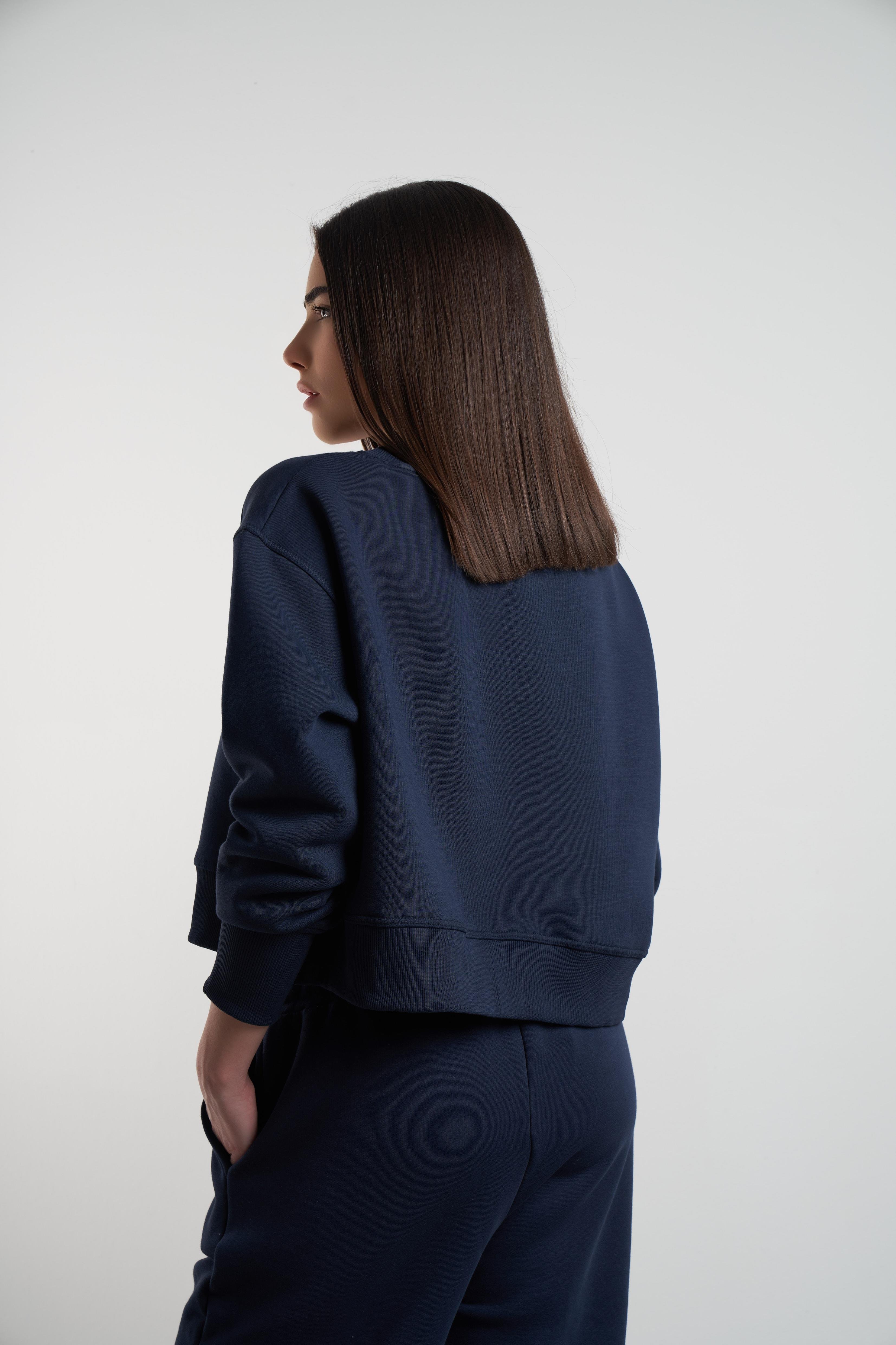 Bisiklet Yaka Şardonlu Sweatshirt Lacivert