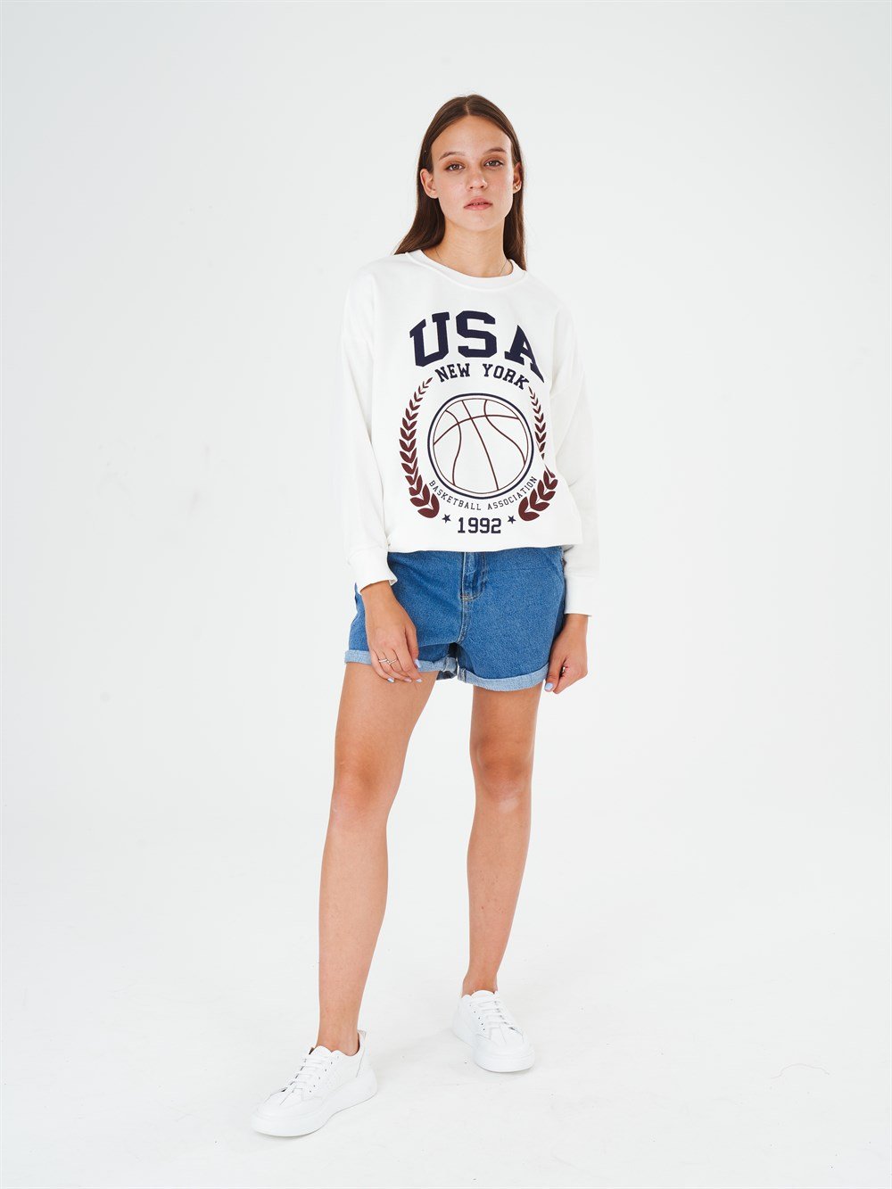 Bisiklet Yaka USA New York Yazı Baskılı Sweatshirt
