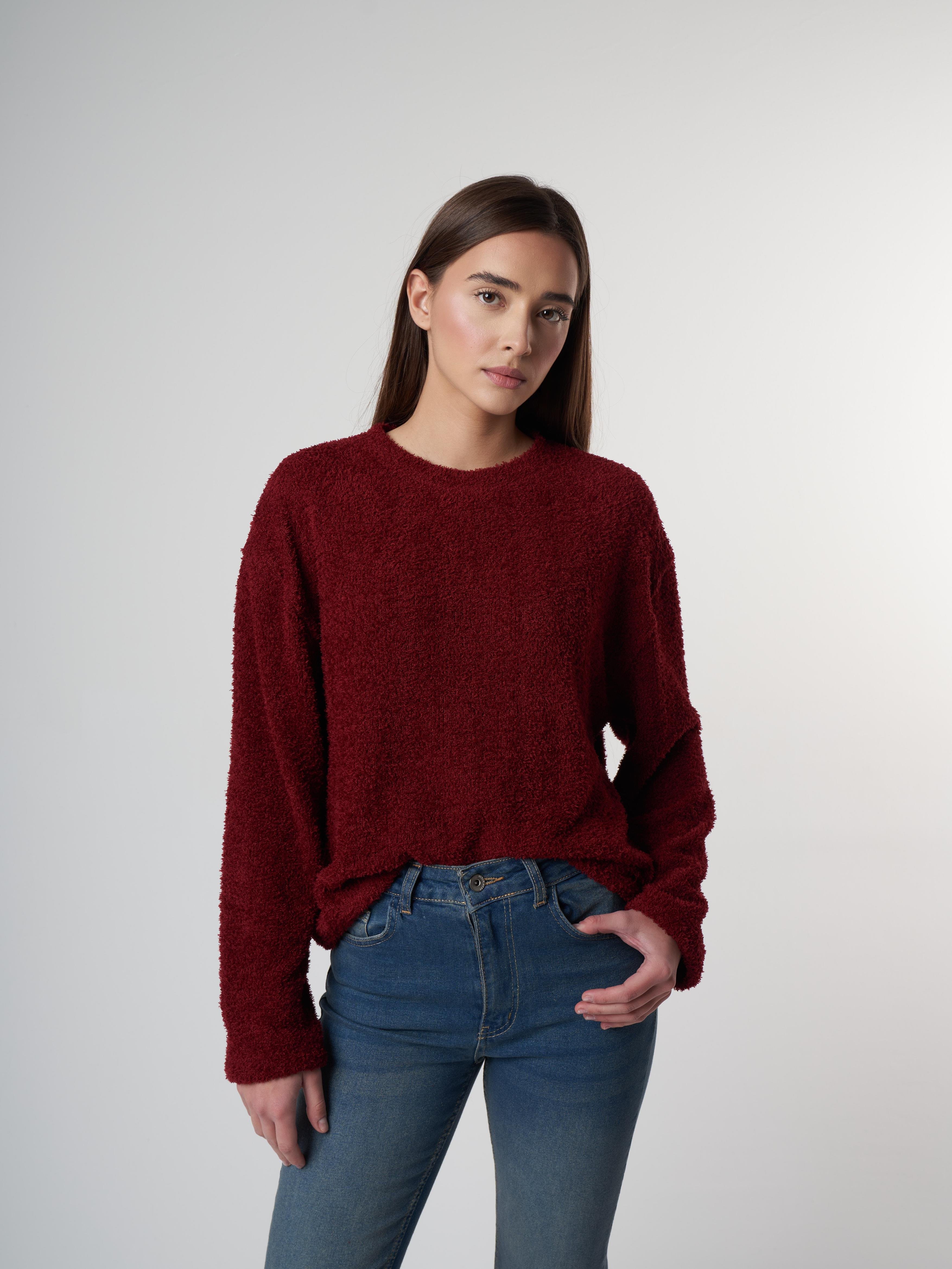 Bisiklet Yaka Uzun Kol Bluz Bordo