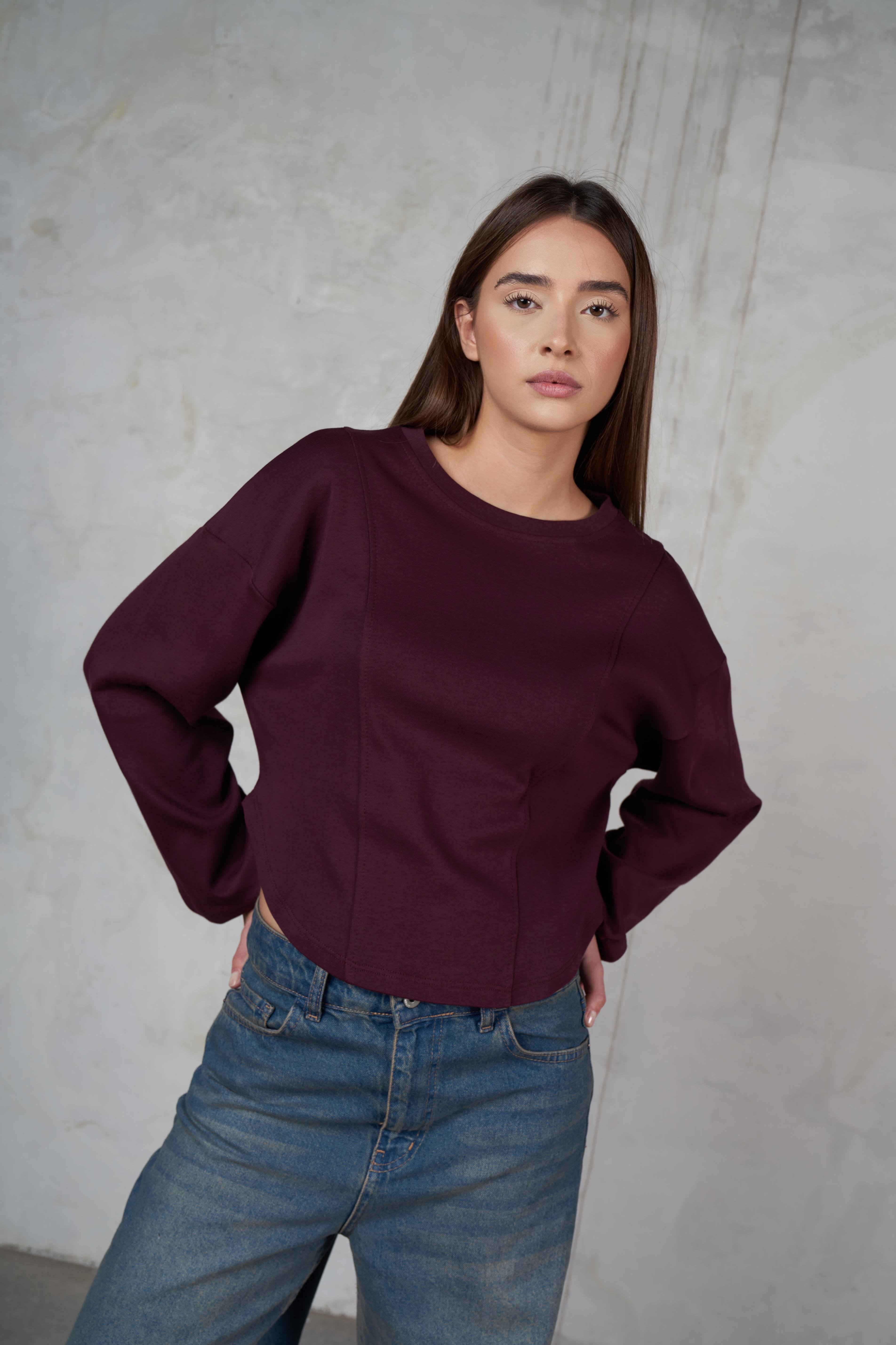 Bisiklet Yaka Uzun Kol Sweatshirt Mürdüm