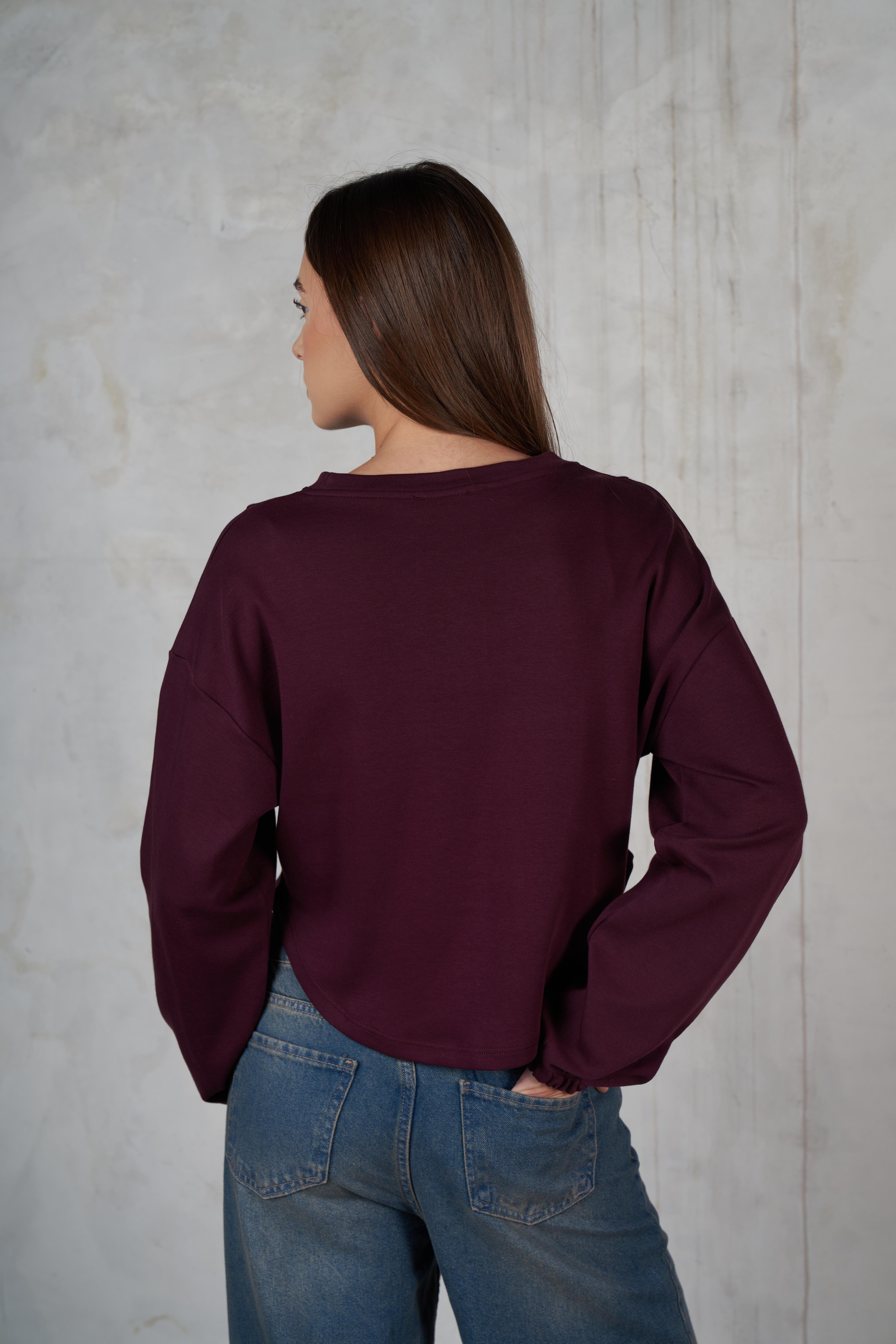 Bisiklet Yaka Uzun Kol Sweatshirt Mürdüm