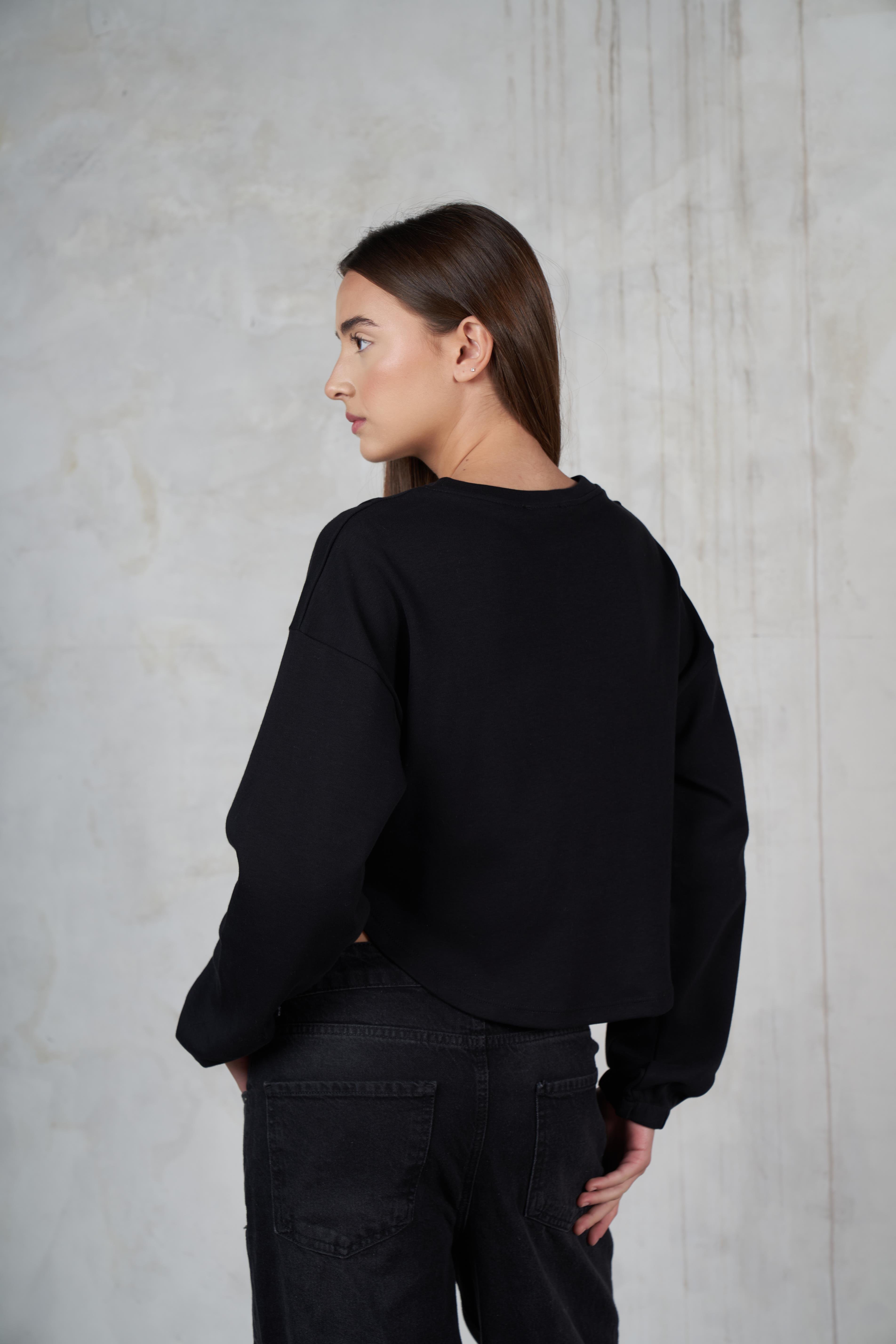 Bisiklet Yaka Uzun Kol Sweatshirt Siyah