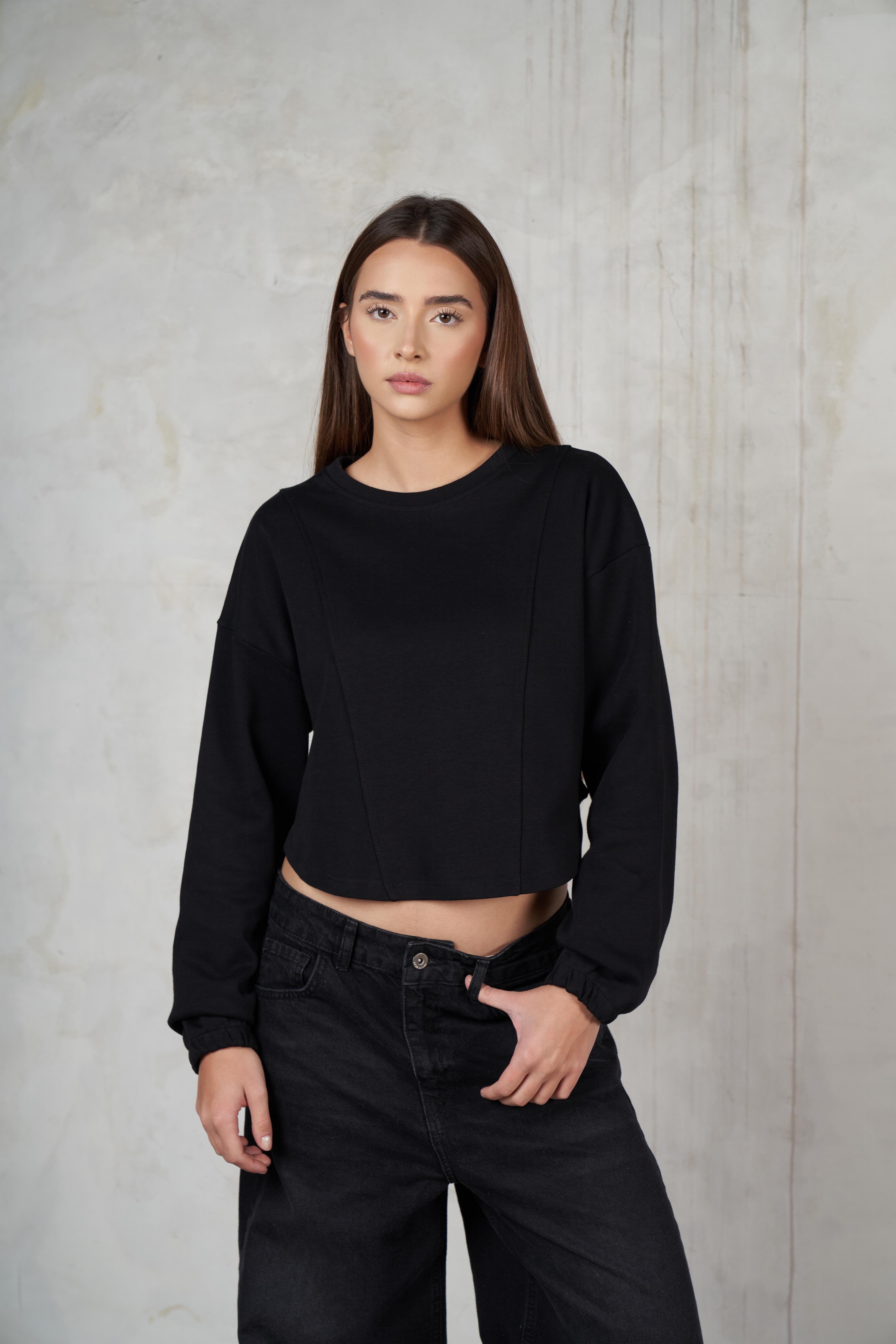 Bisiklet Yaka Uzun Kol Sweatshirt Siyah