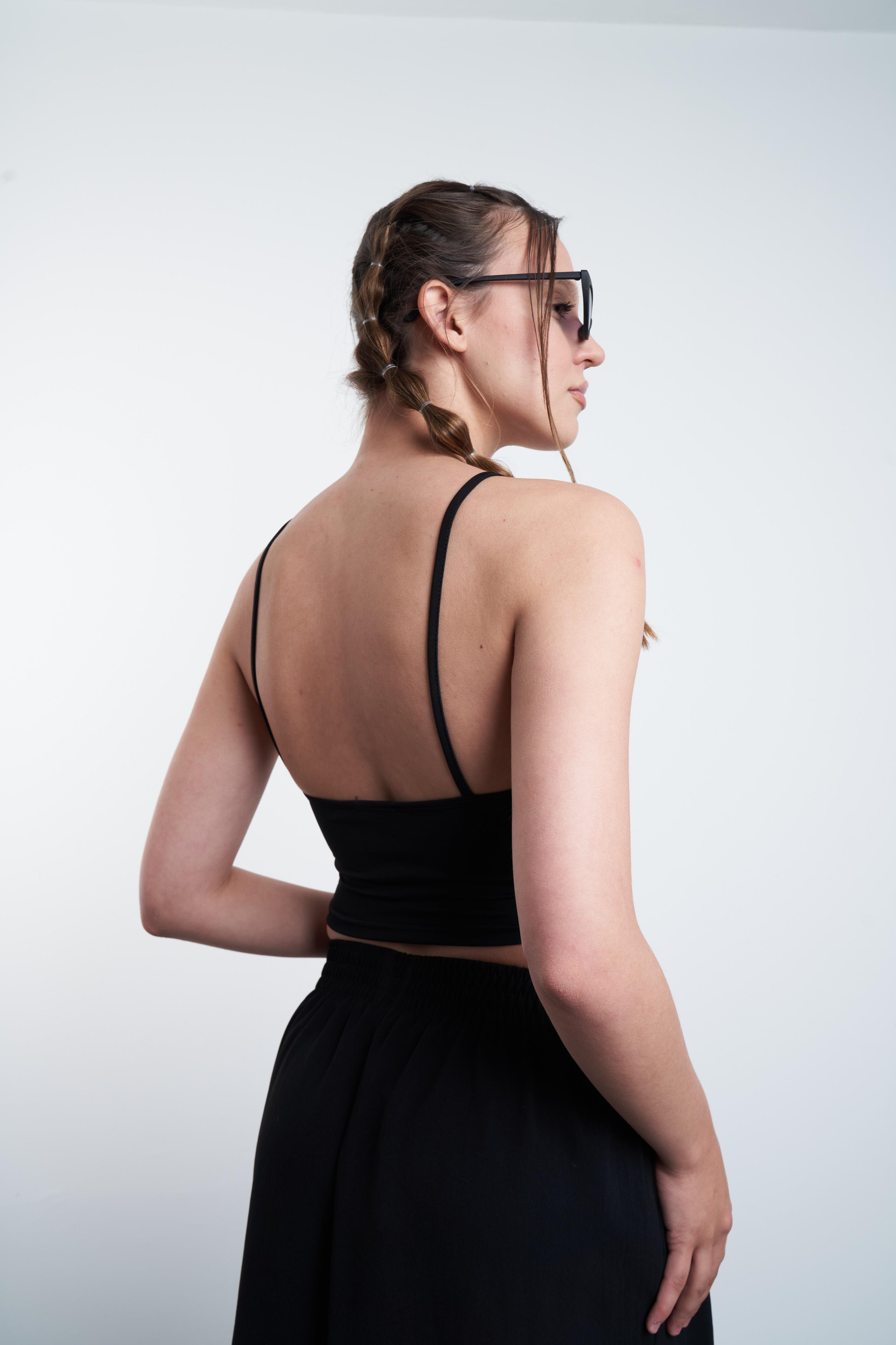 Biye Detaylı Crop Bluz Siyah