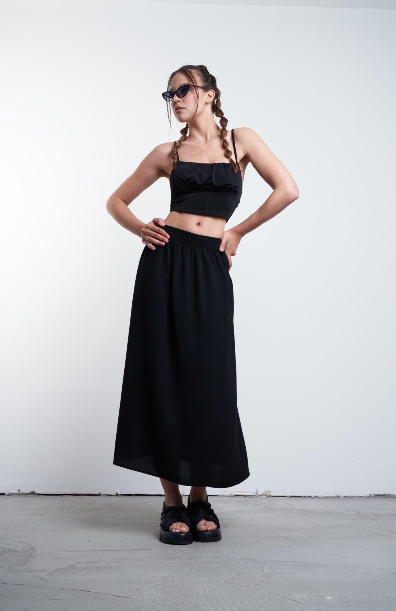 Biye Detaylı Crop Bluz Siyah