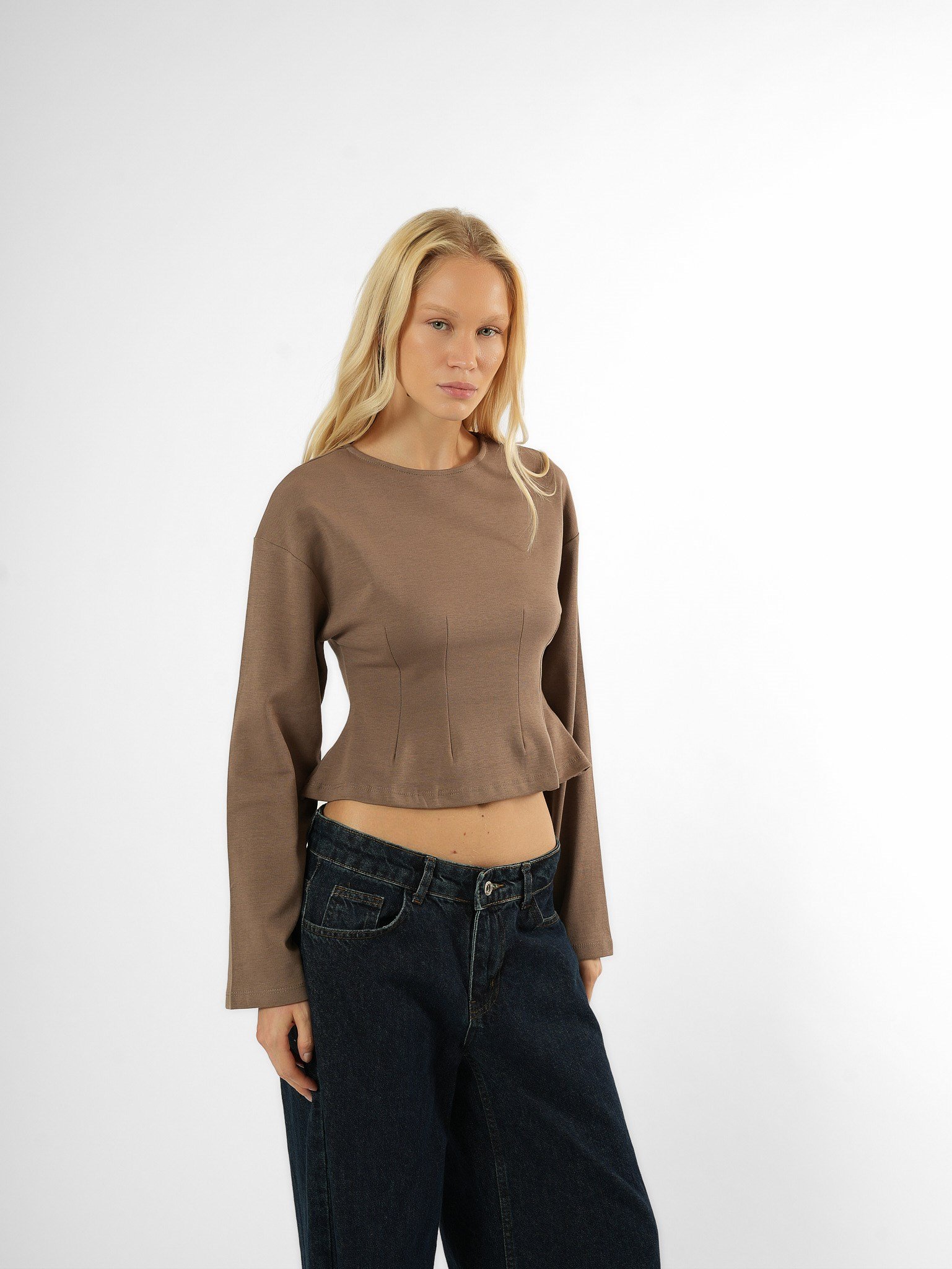 Biye Detaylı Crop Bluz Vizon