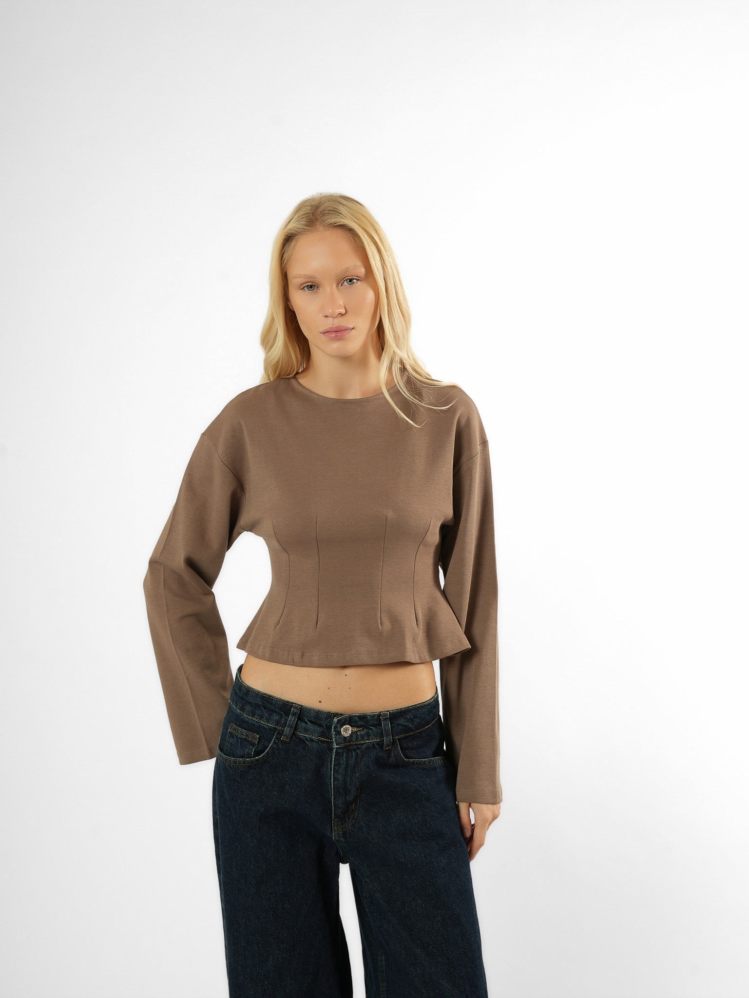 Biye Detaylı Crop Bluz Vizon