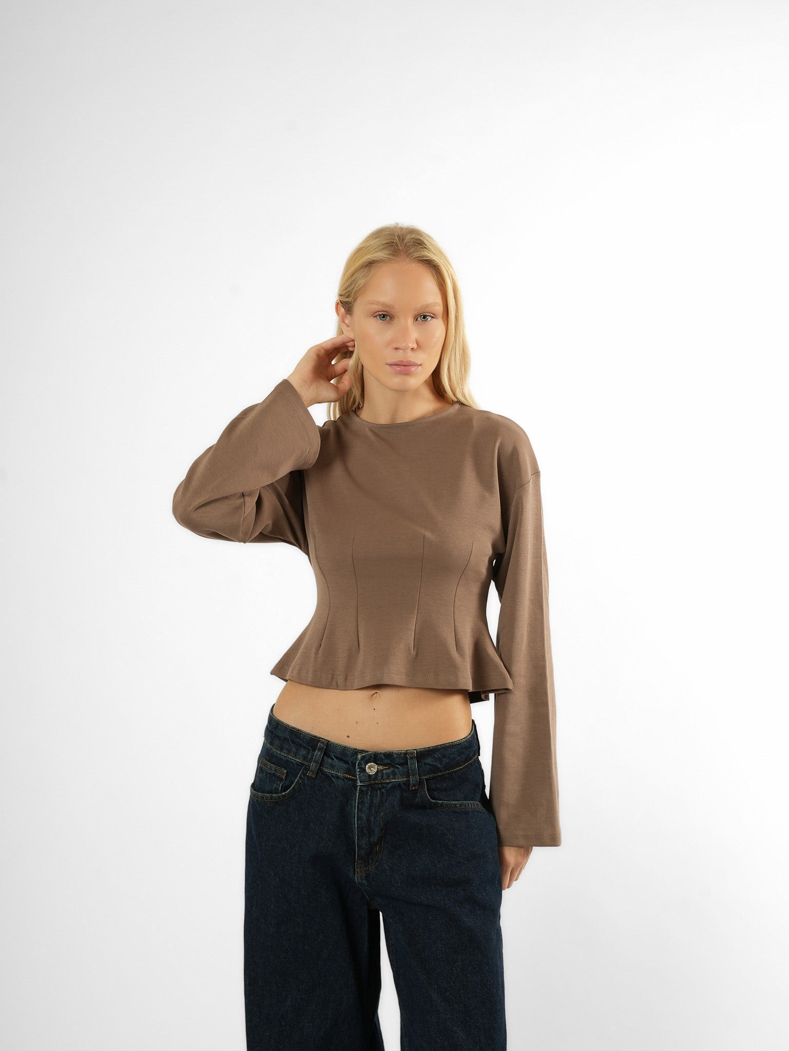 Biye Detaylı Crop Bluz Vizon