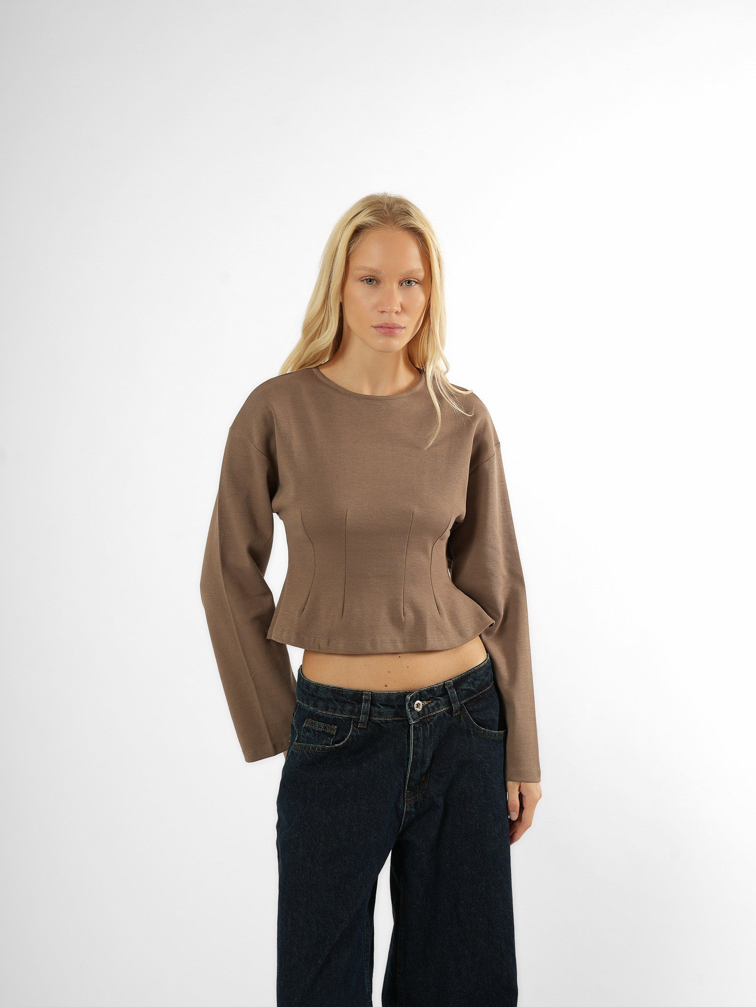 Biye Detaylı Crop Bluz Vizon