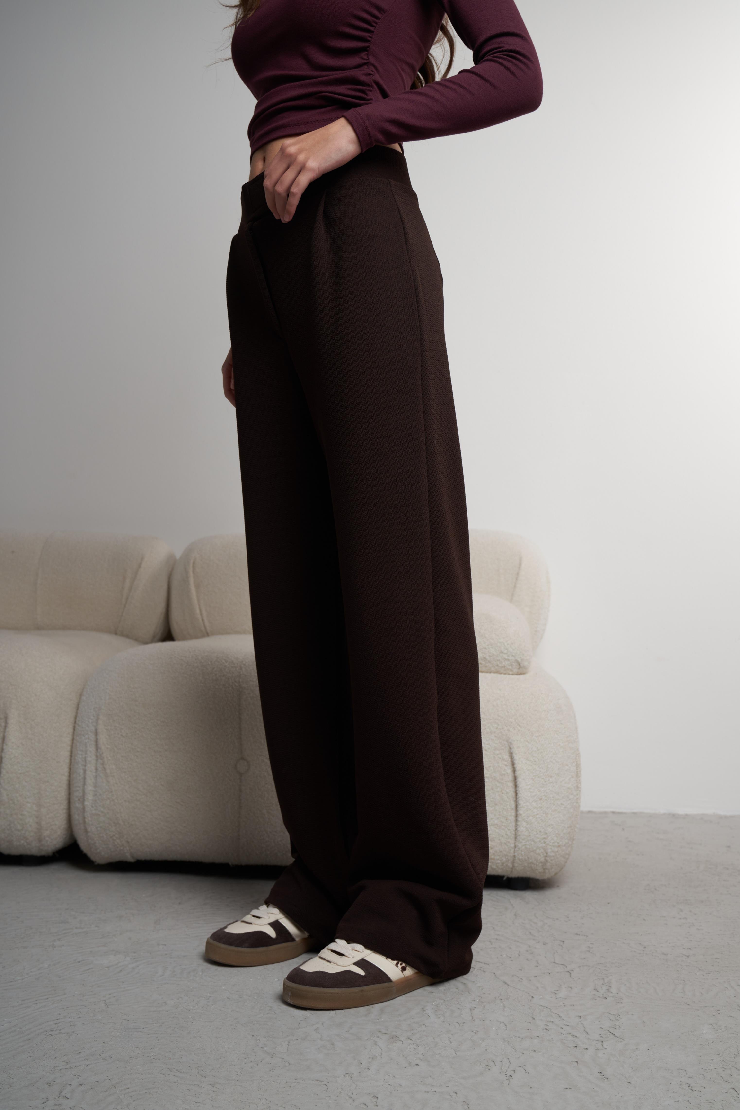 Bol Paça Krep Kumaş Pantolon Kahve