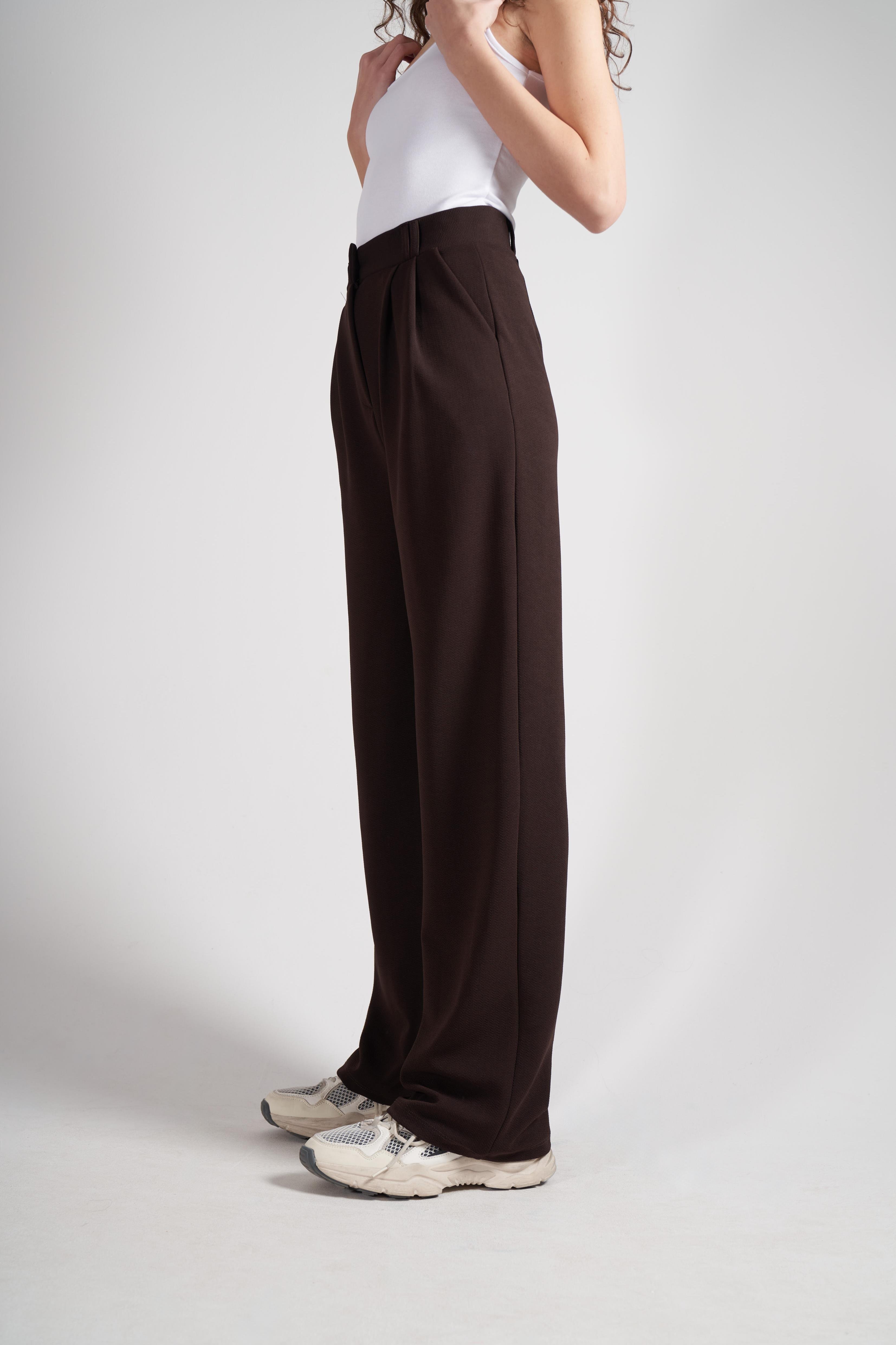 Bol Paça Krep Kumaş Pantolon Kahve