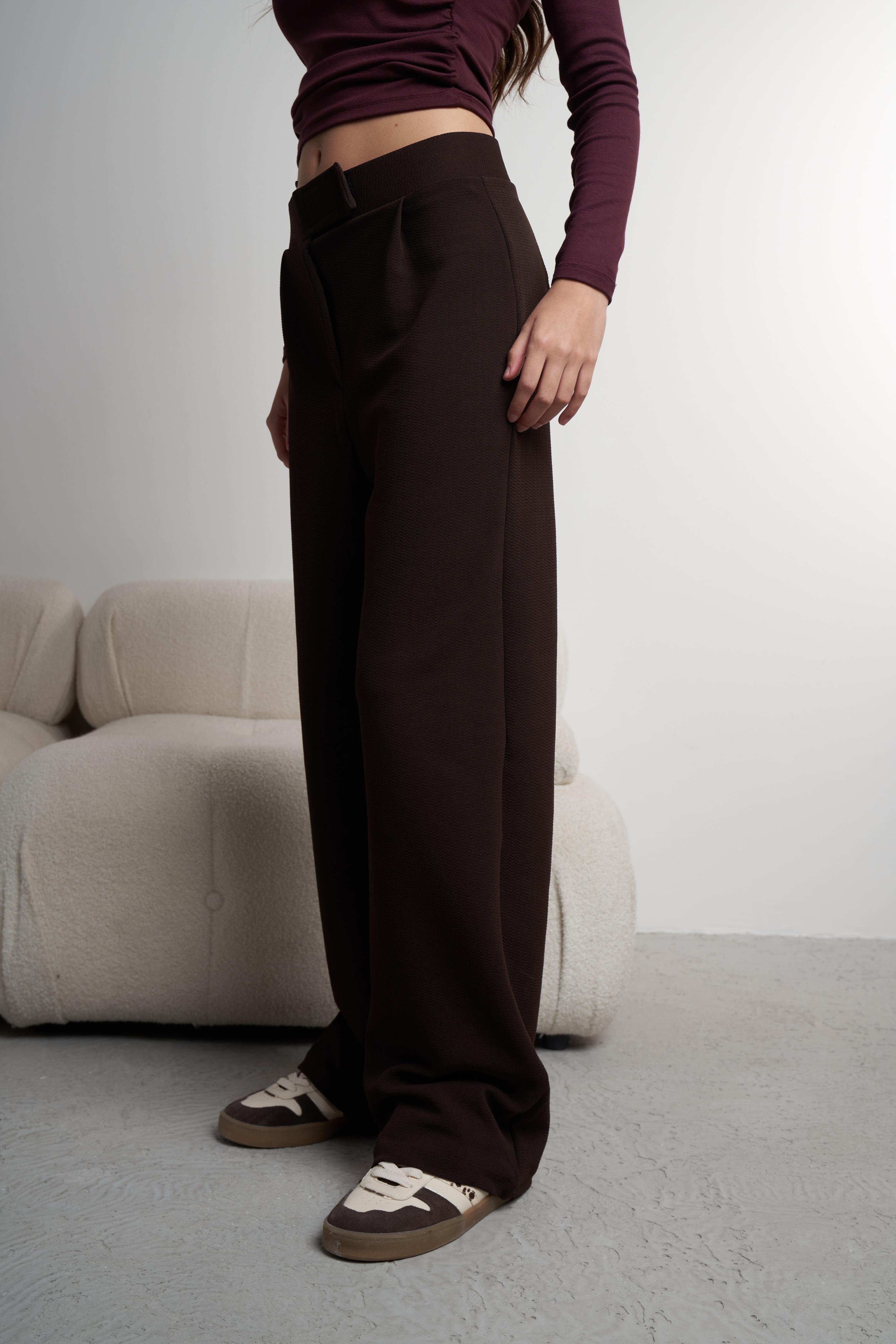 Bol Paça Krep Kumaş Pantolon Kahve