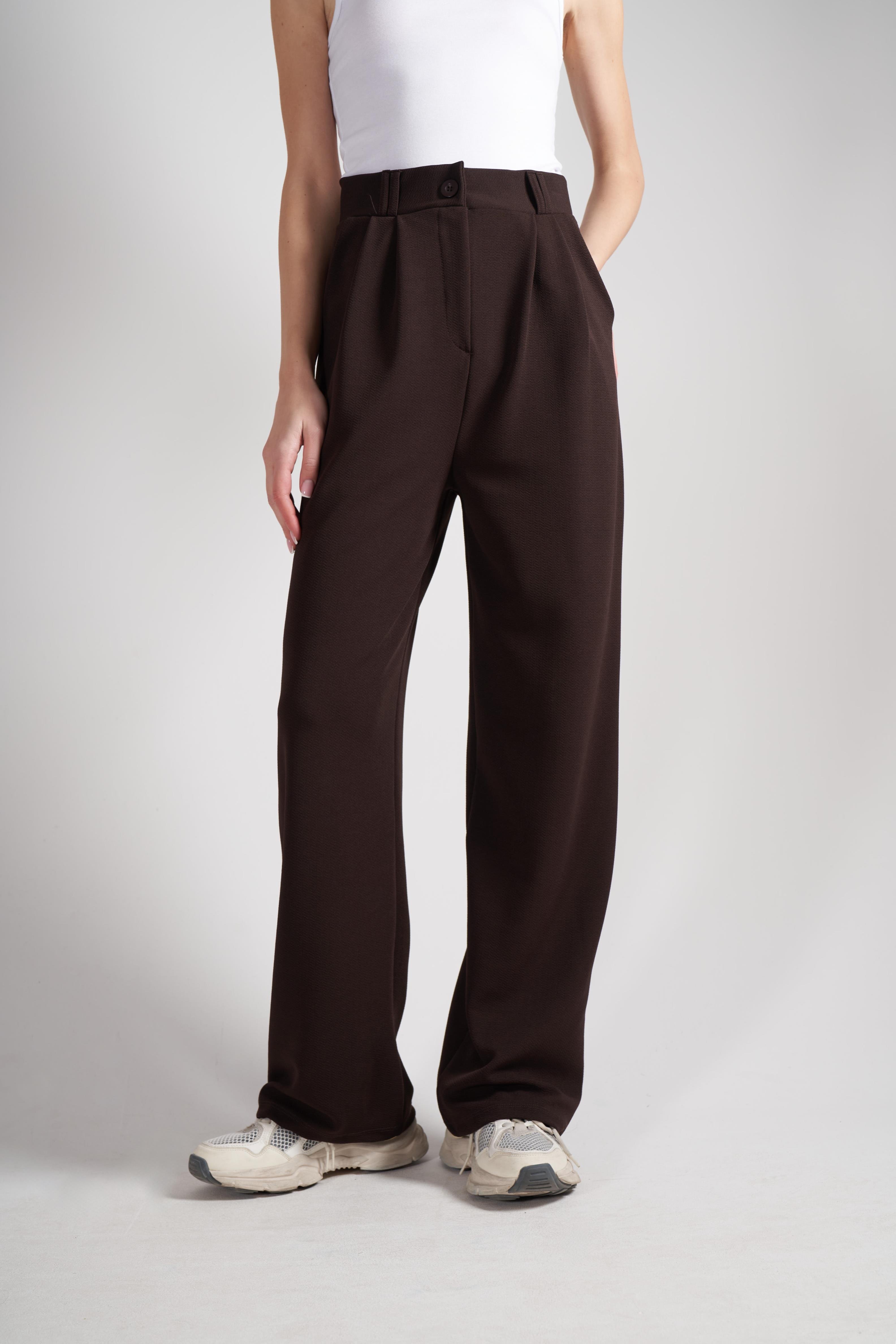 Bol Paça Krep Kumaş Pantolon Kahve