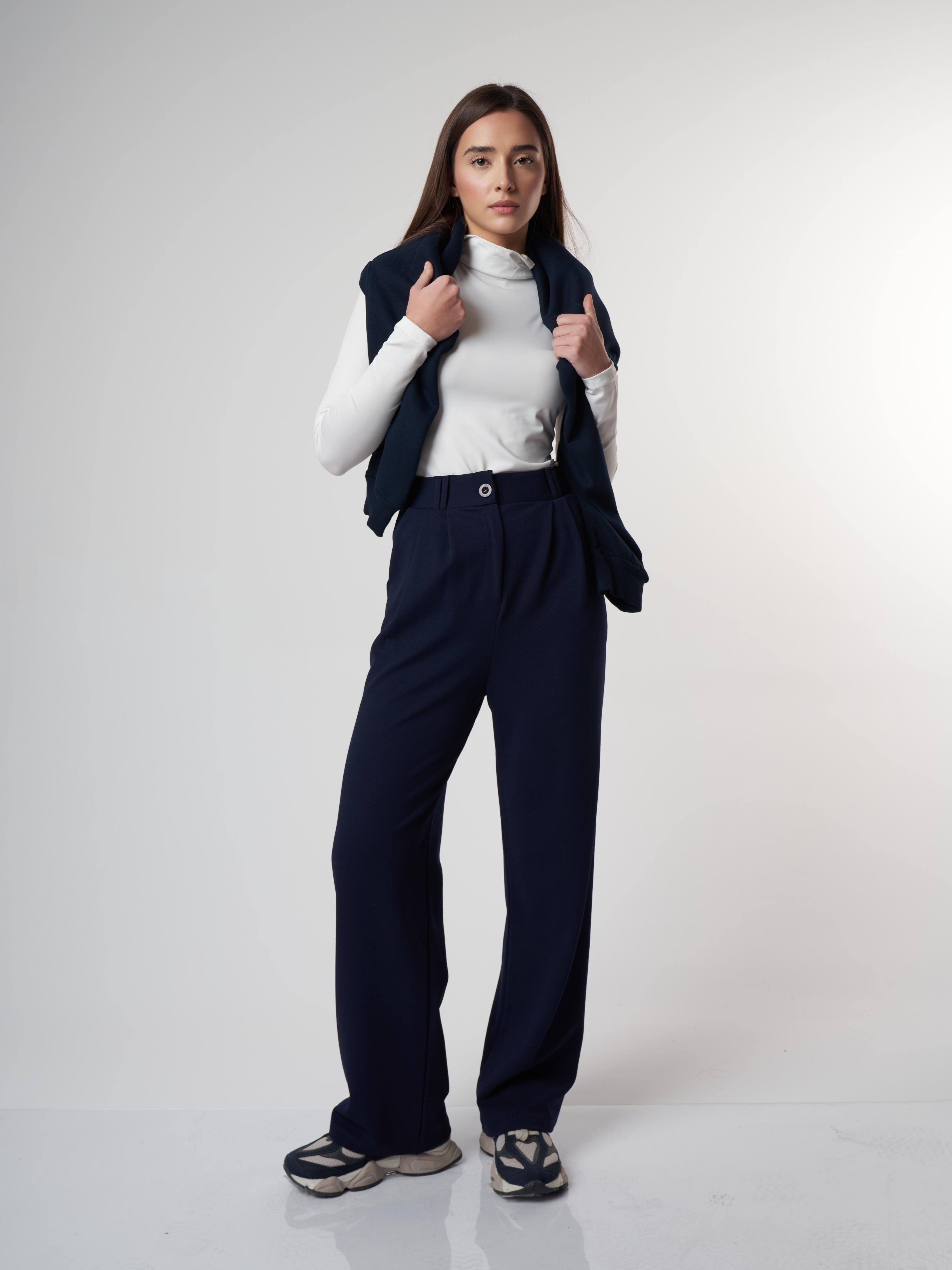 Bol Paça Krep Kumaş Pantolon Lacivert