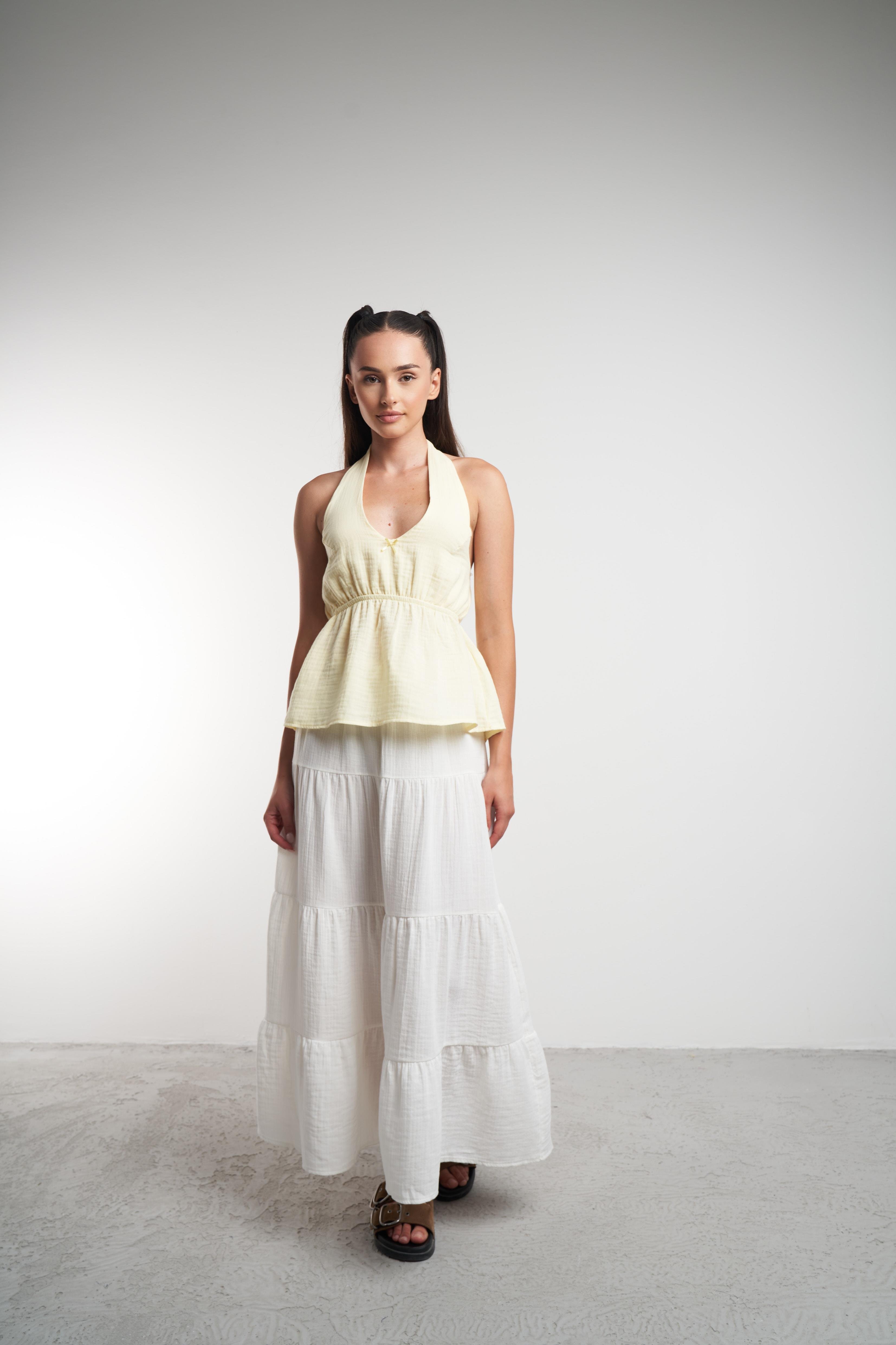 Boyun Askılı Müslin Sıfır Kol Bluz Sarı