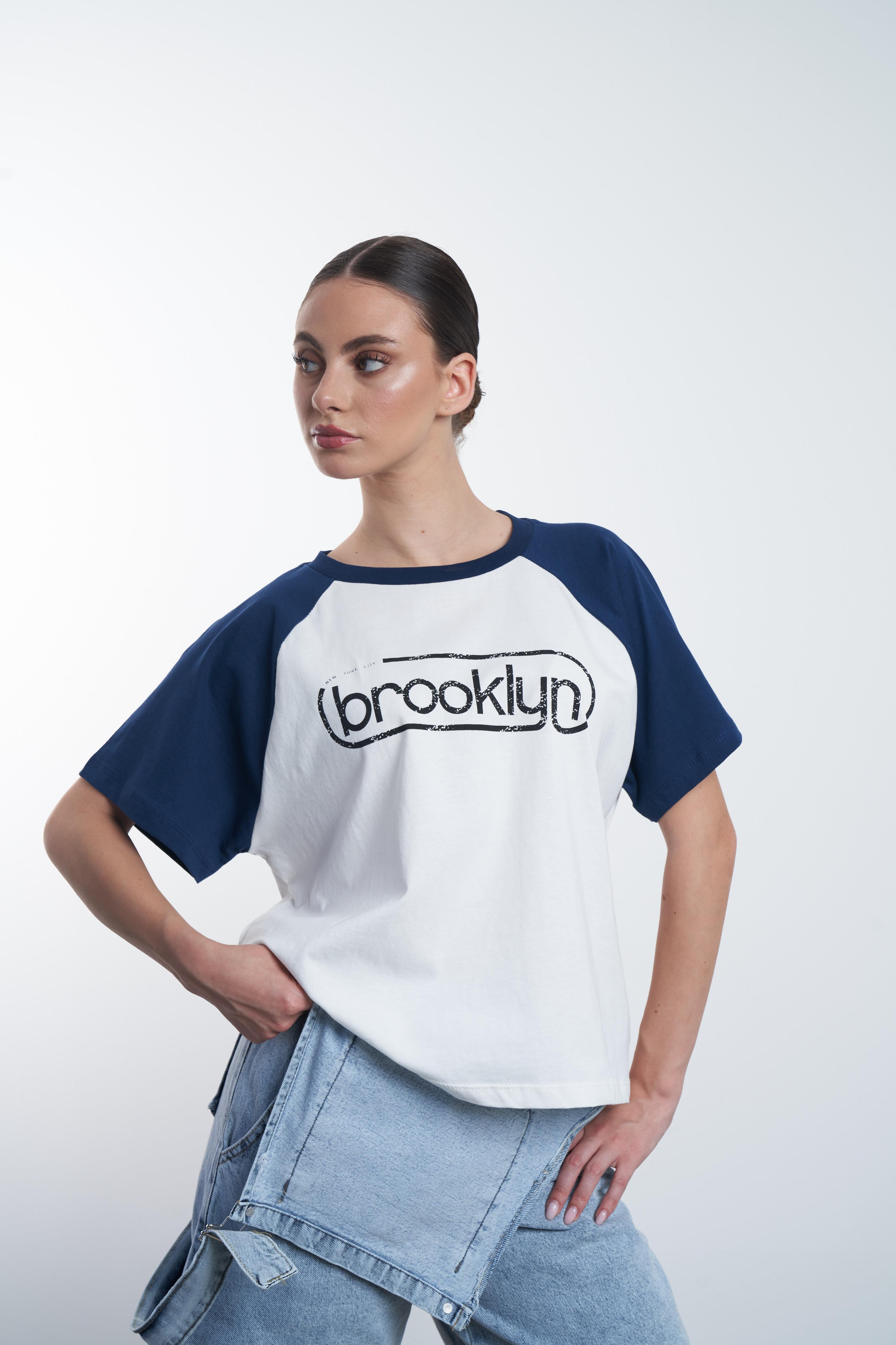Brooklyn Baskılı T-shirt Lacivert-Ekru