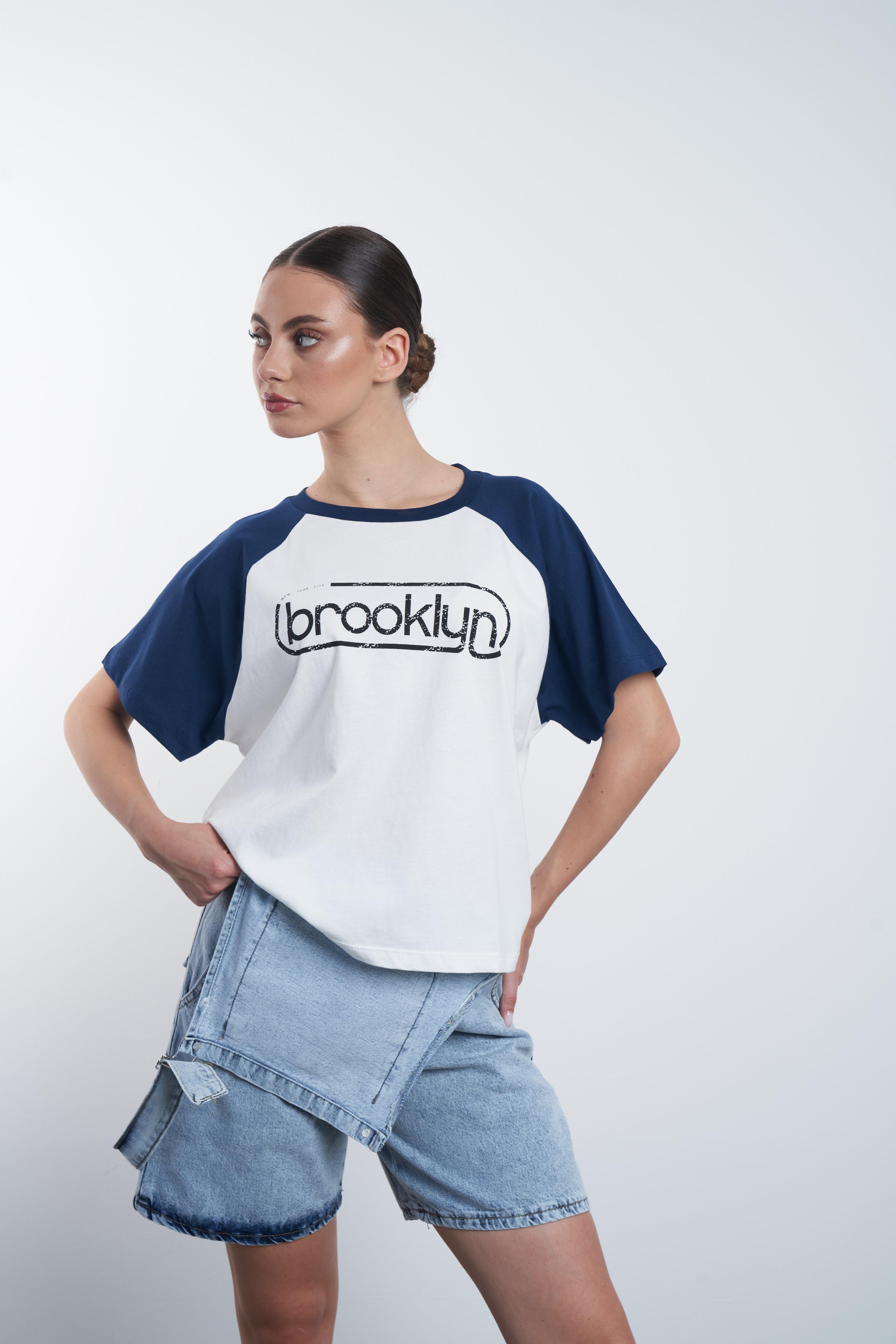 Brooklyn Baskılı T-shirt Lacivert-Ekru