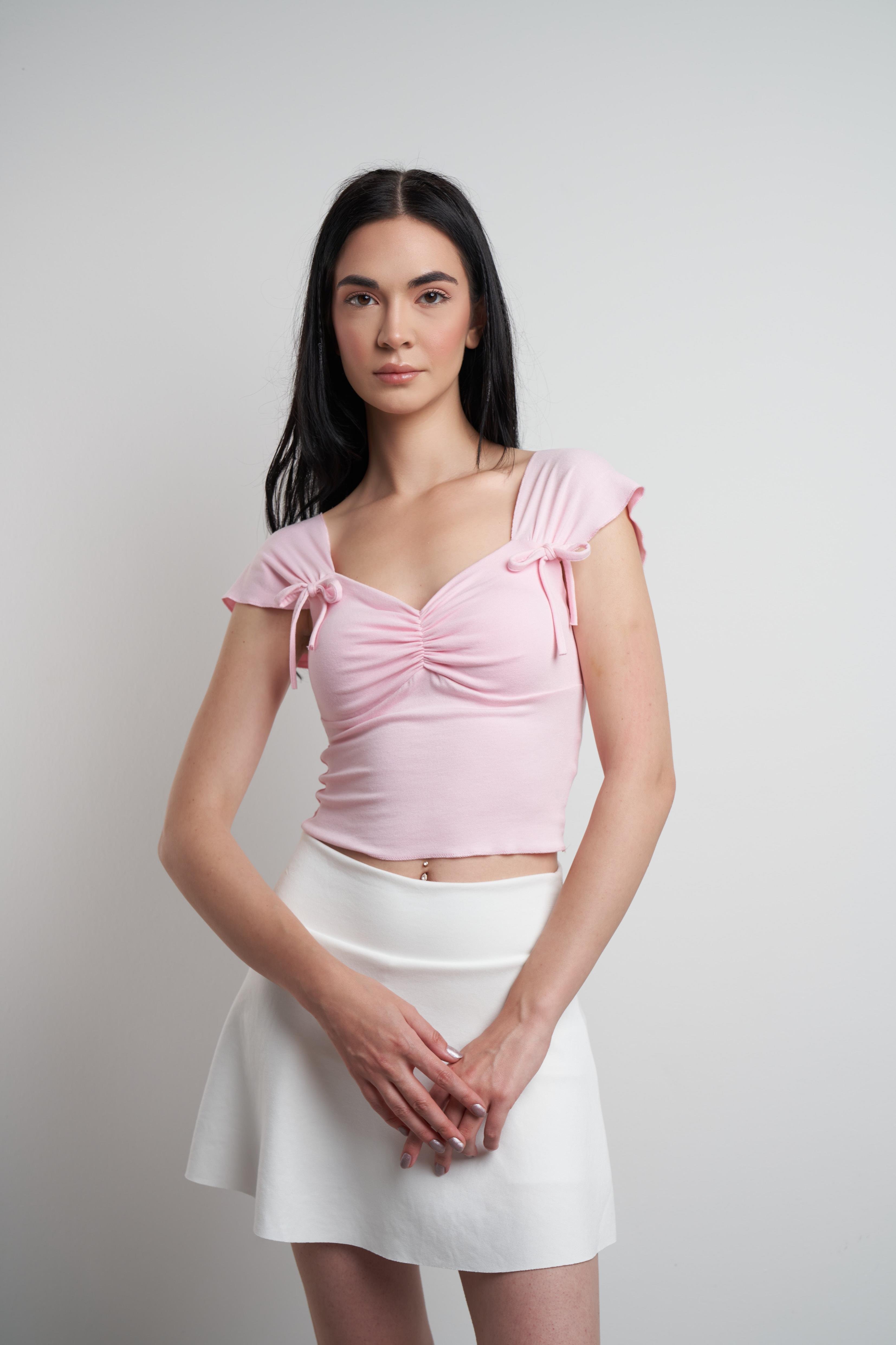 Büzgü Detaylı Ribana Kısa Bluz Toz Pembe