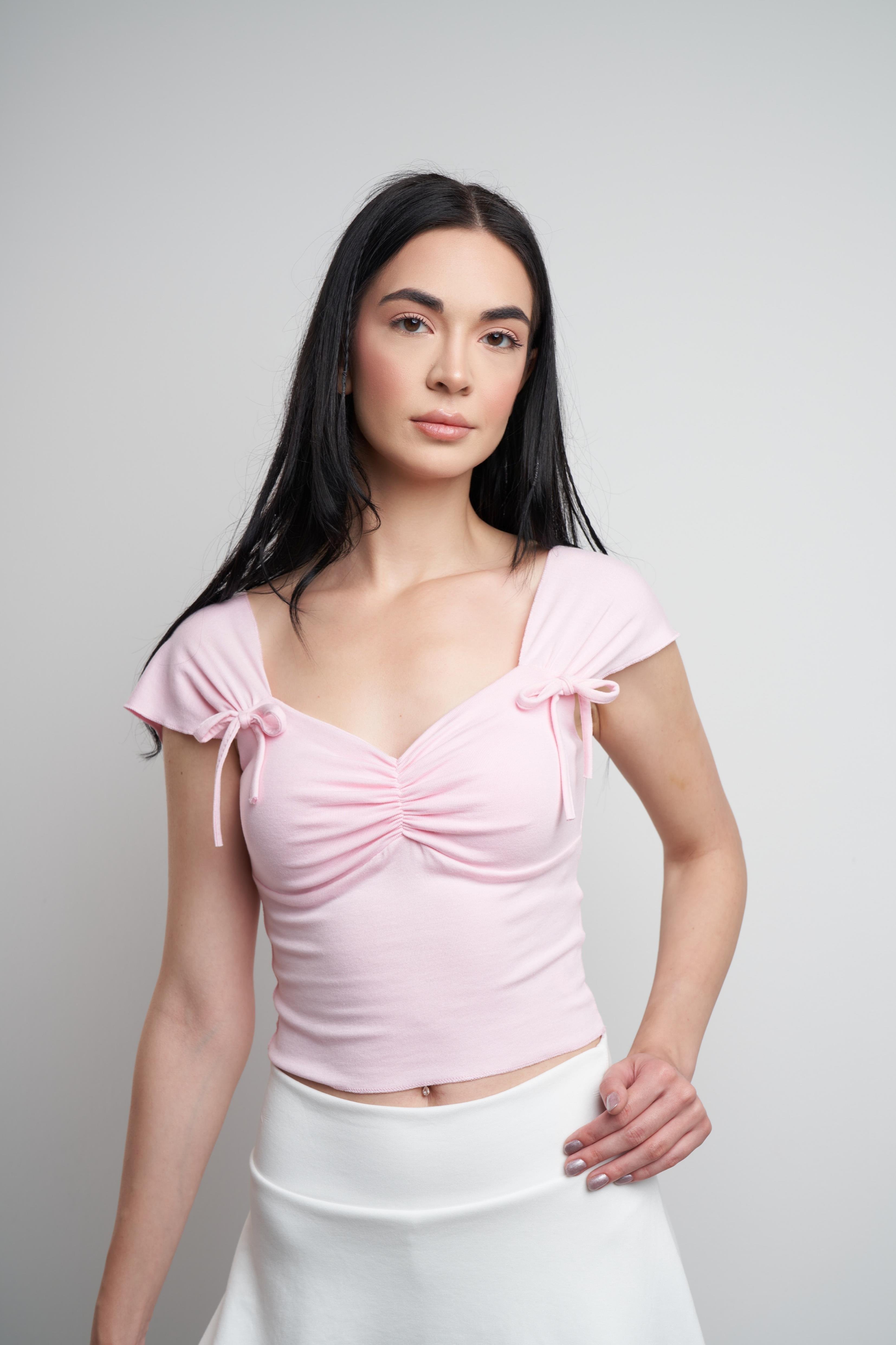 Büzgü Detaylı Ribana Kısa Bluz Toz Pembe