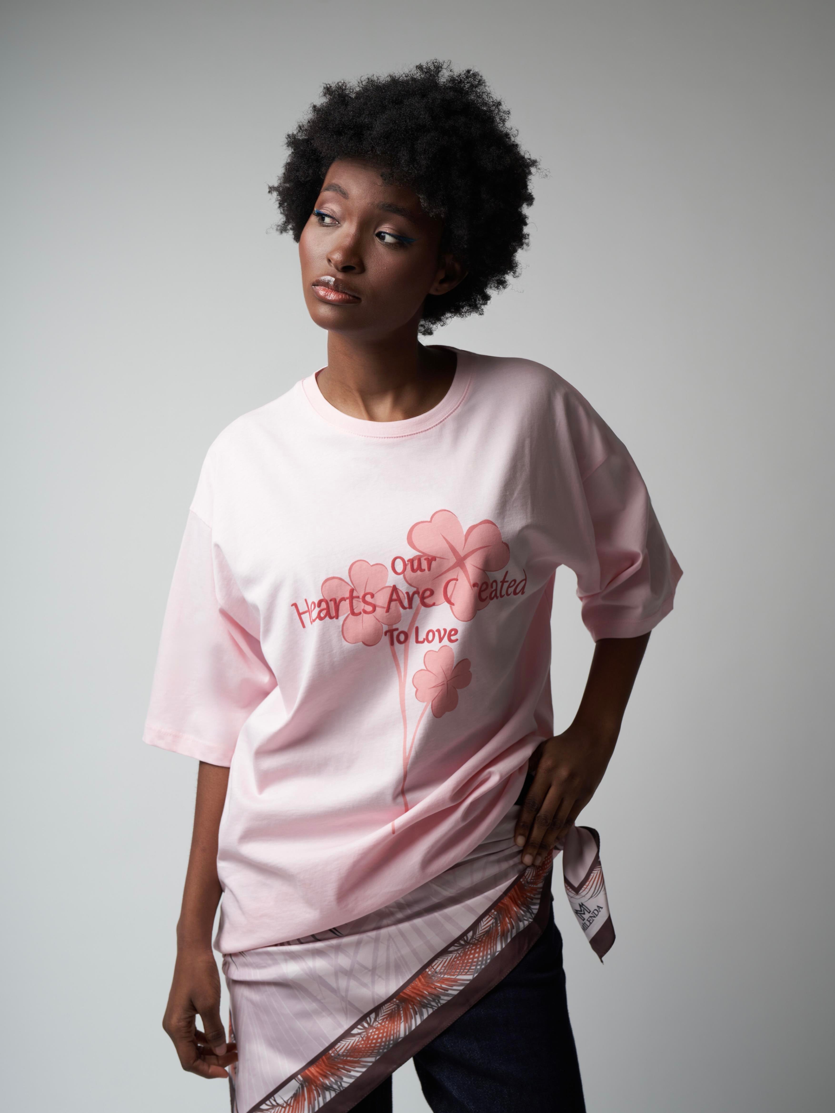 Çiçek Baskılı Oversize Kısa Kol Suprem T-shirt Toz Pembe