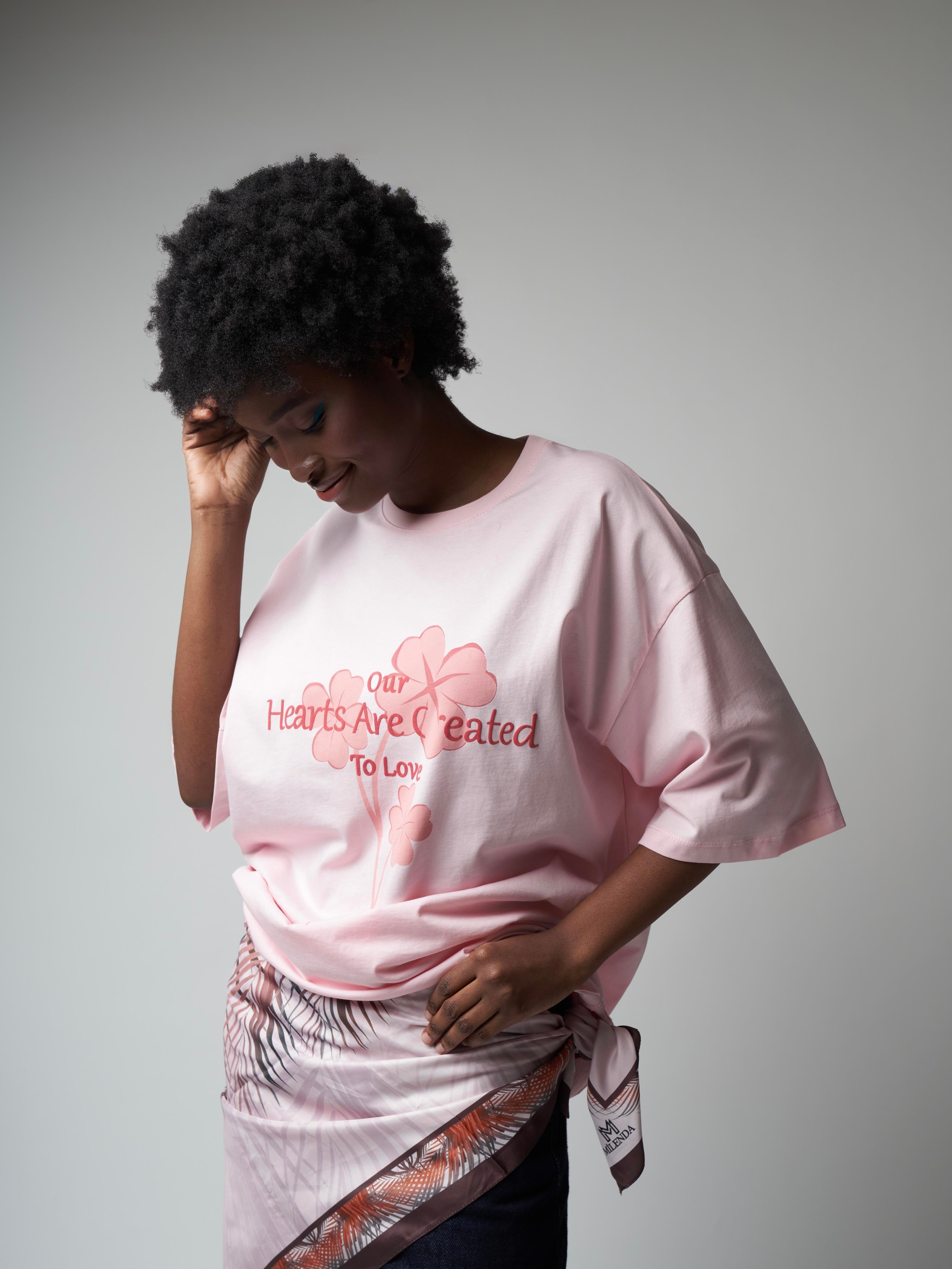 Çiçek Baskılı Oversize Kısa Kol Suprem T-shirt Toz Pembe