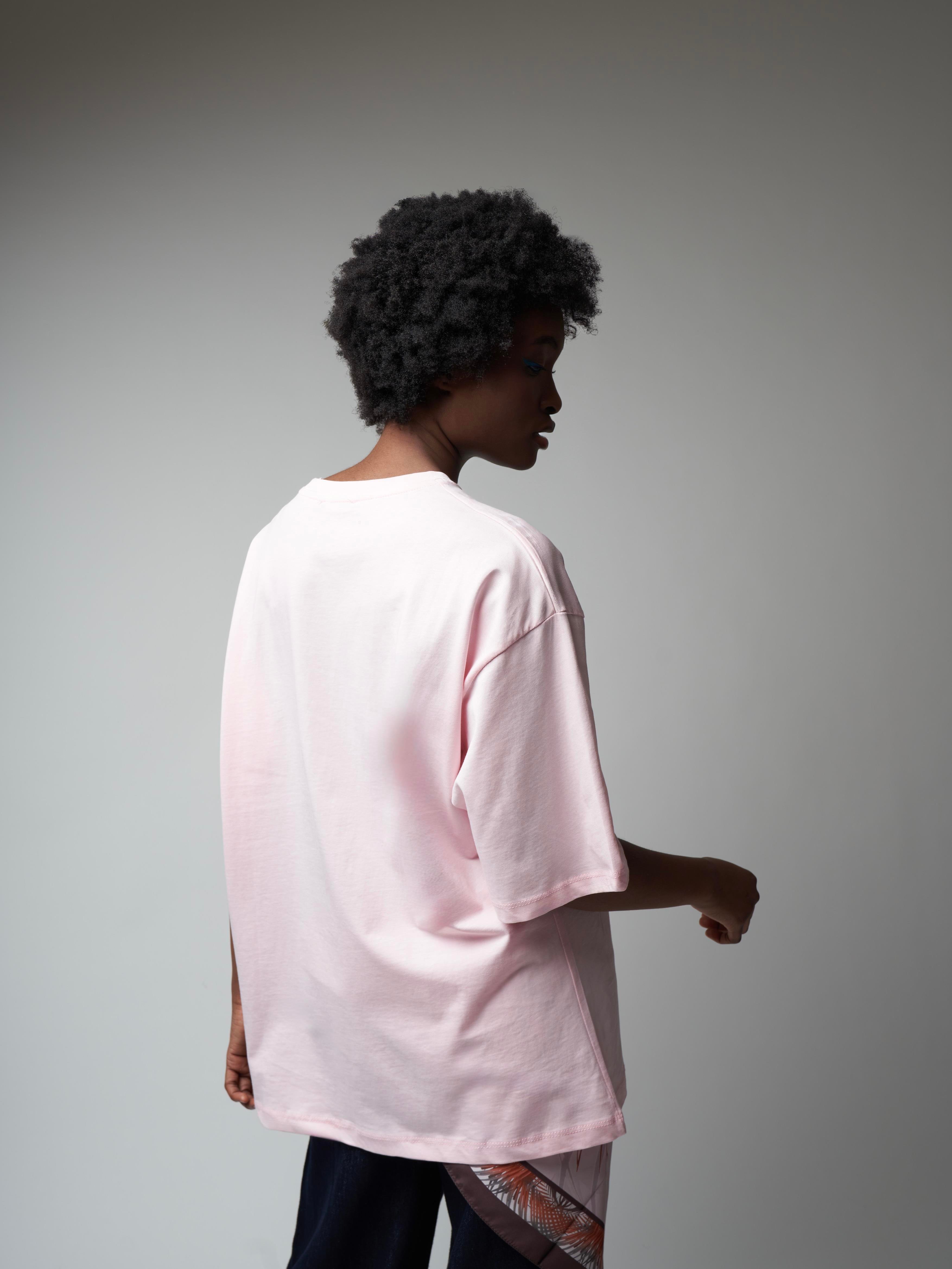 Çiçek Baskılı Oversize Kısa Kol Suprem T-shirt Toz Pembe