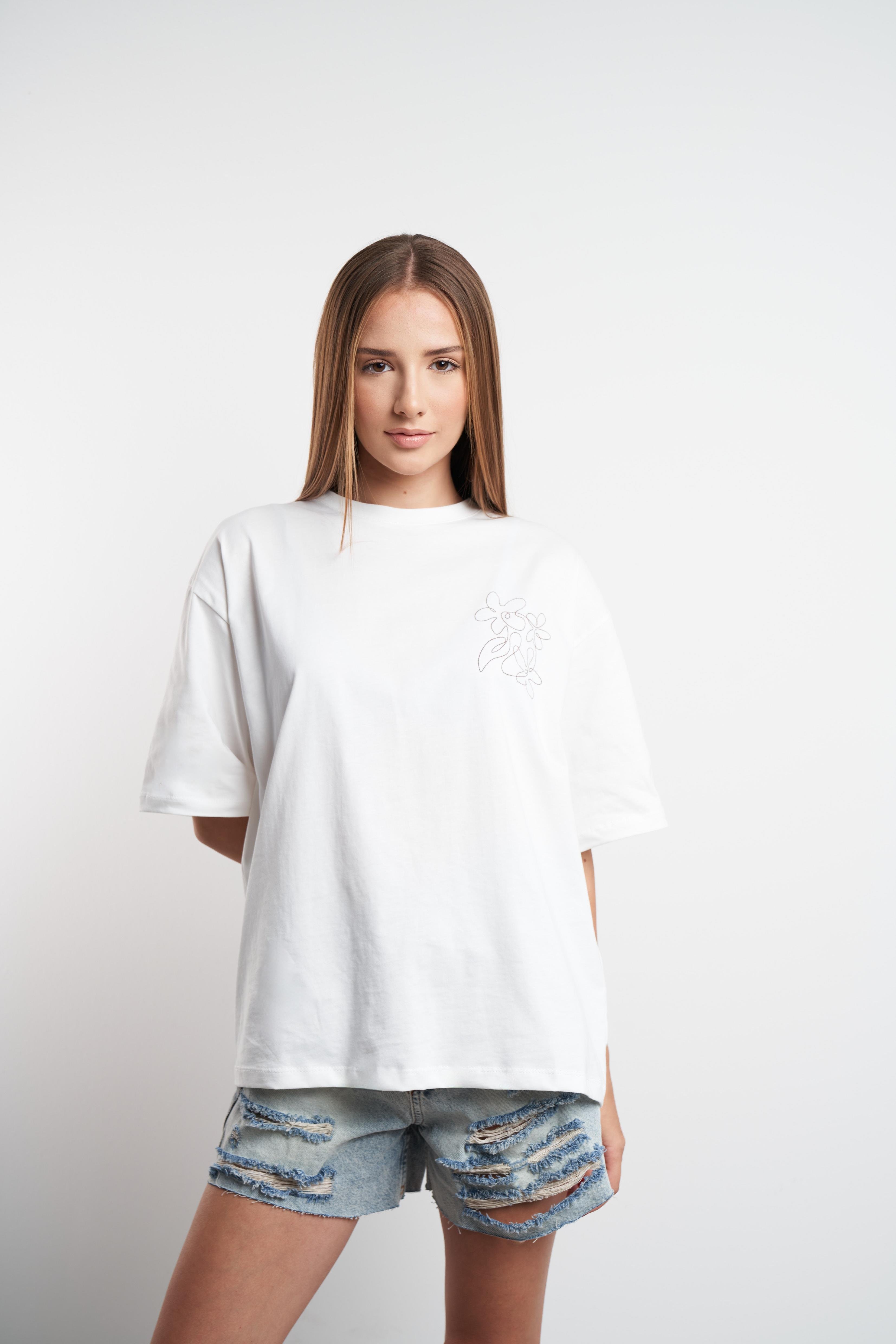 Çiçek Çizim Baskılı Oversize Kısa Kol T-shirt Ekru