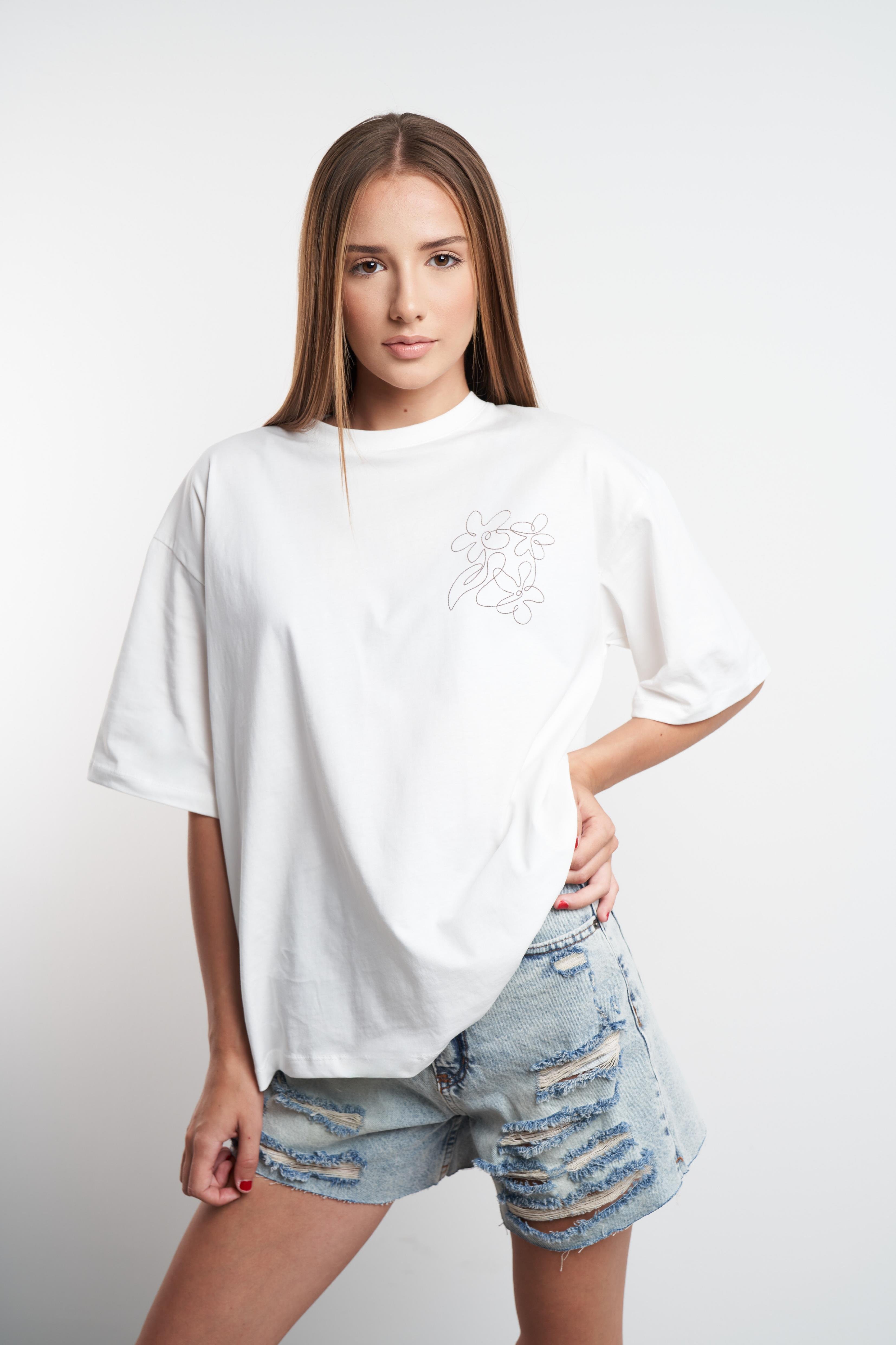 Çiçek Çizim Baskılı Oversize Kısa Kol T-shirt Ekru