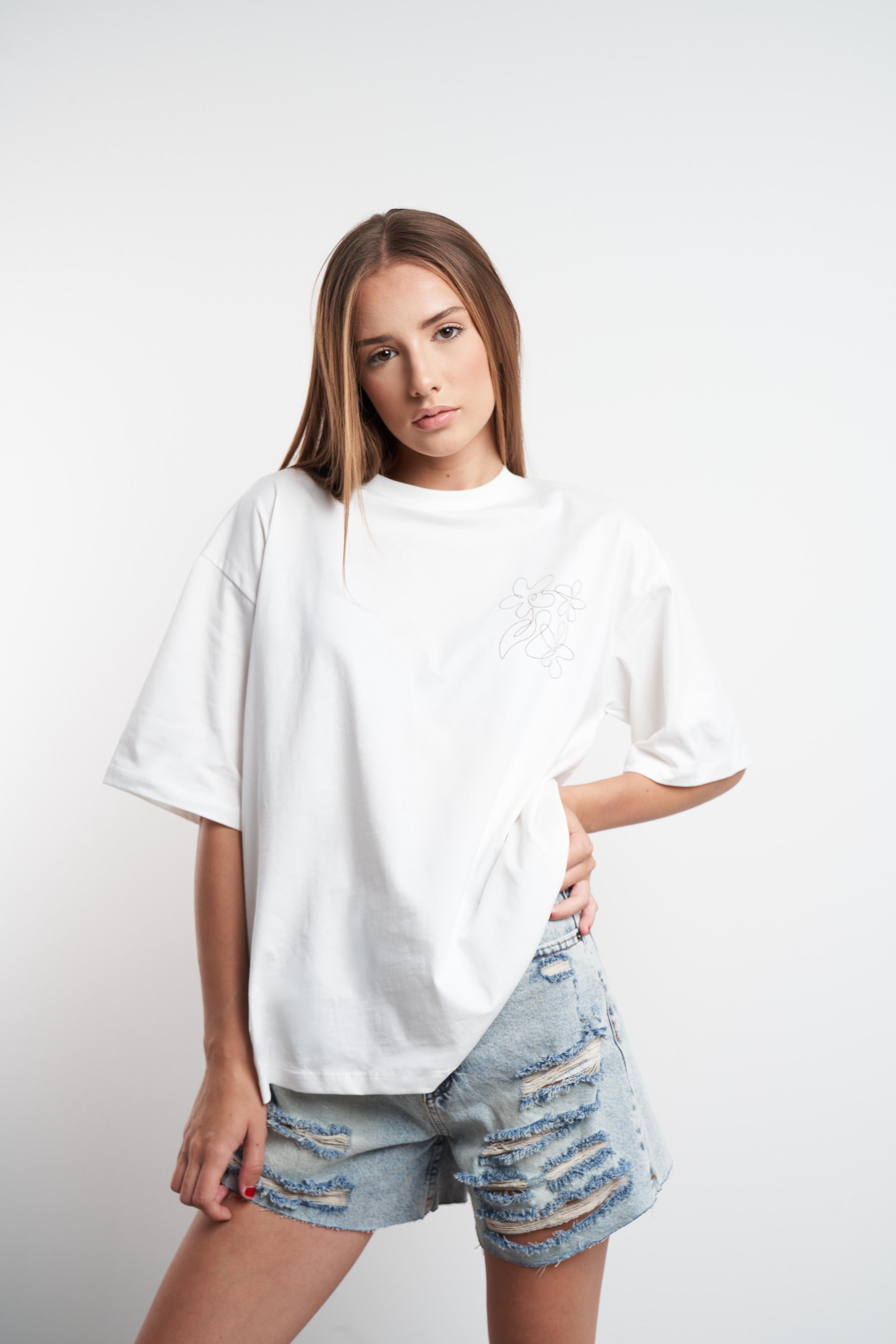 Çiçek Çizim Baskılı Oversize Kısa Kol T-shirt Ekru