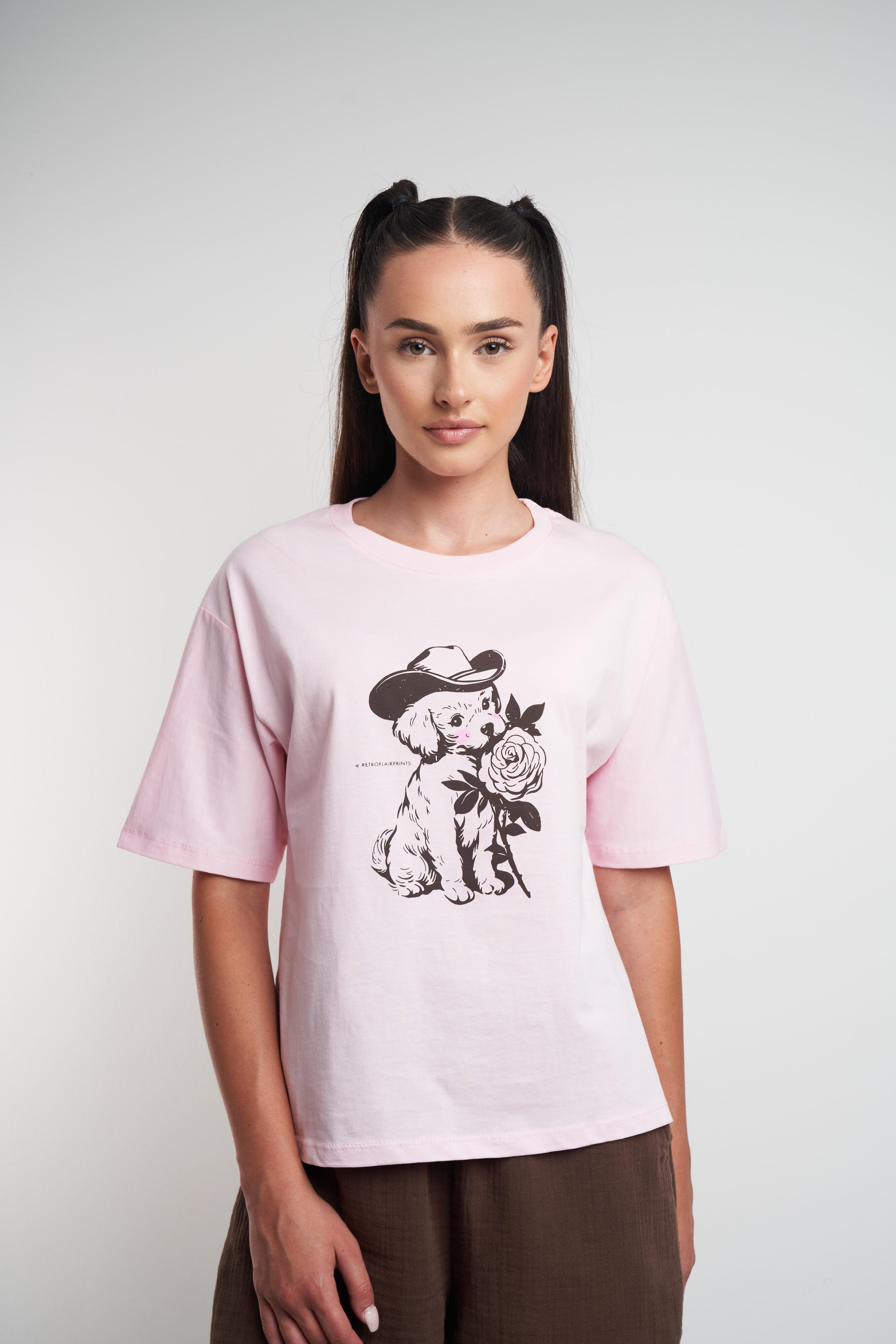 Çiçekli Köpek Baskılı Kısa Kol T-shirt Toz Pembe