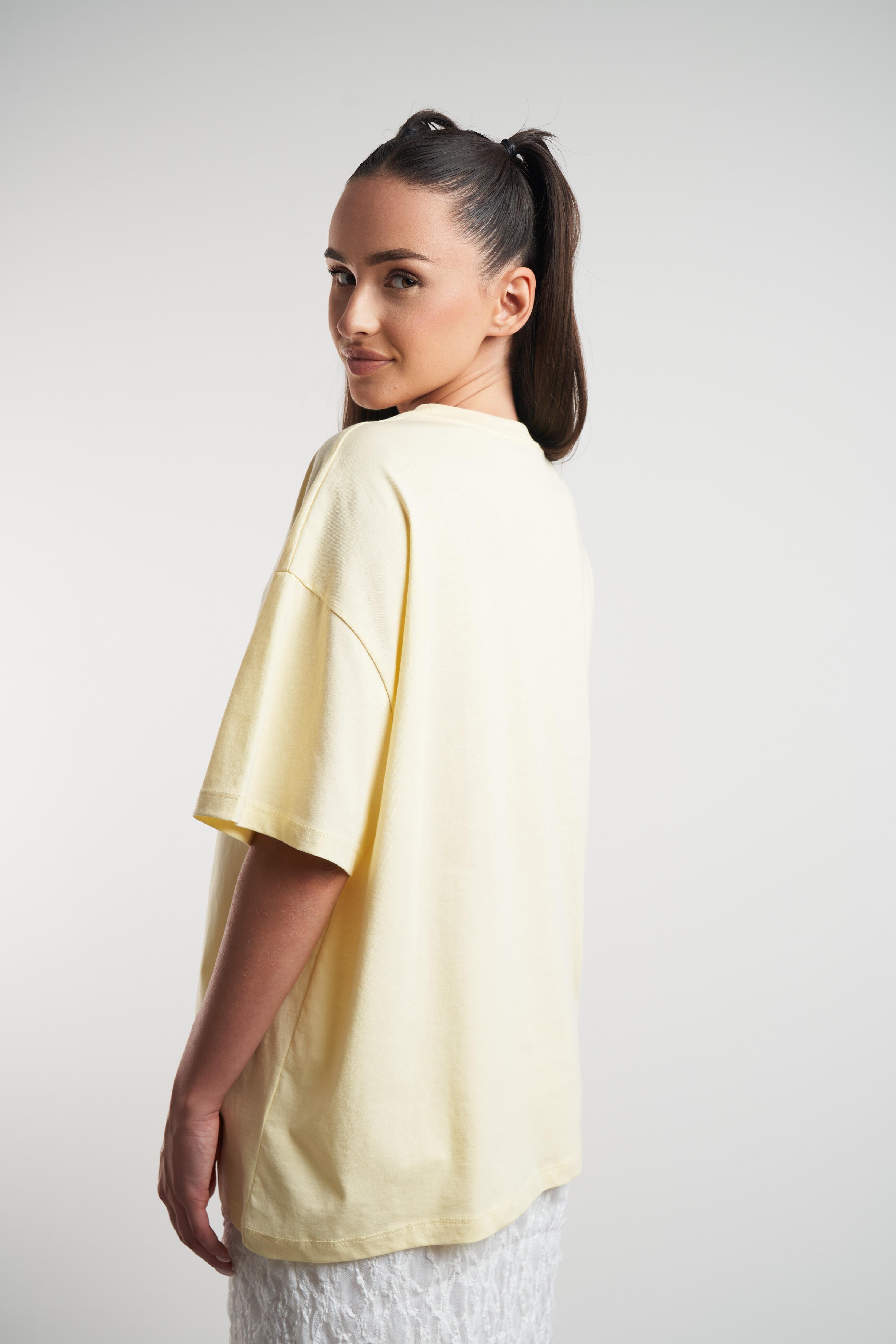 Çilek Baskılı Oversize Kısa Kol T-shirt Sarı