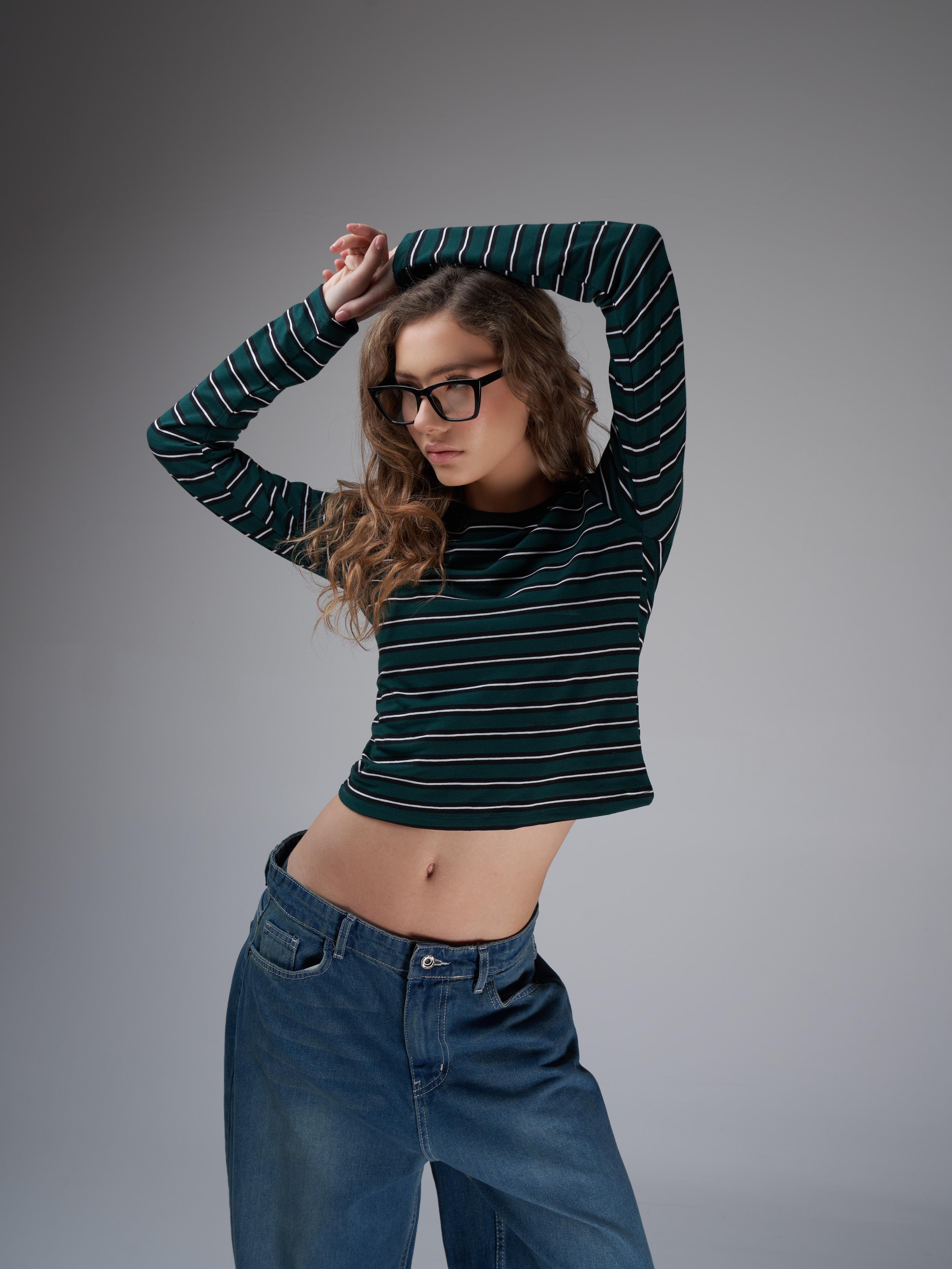 Çizgi Desenli Crop Uzun Kol Bluz Koyu Yeşil-Siyah
