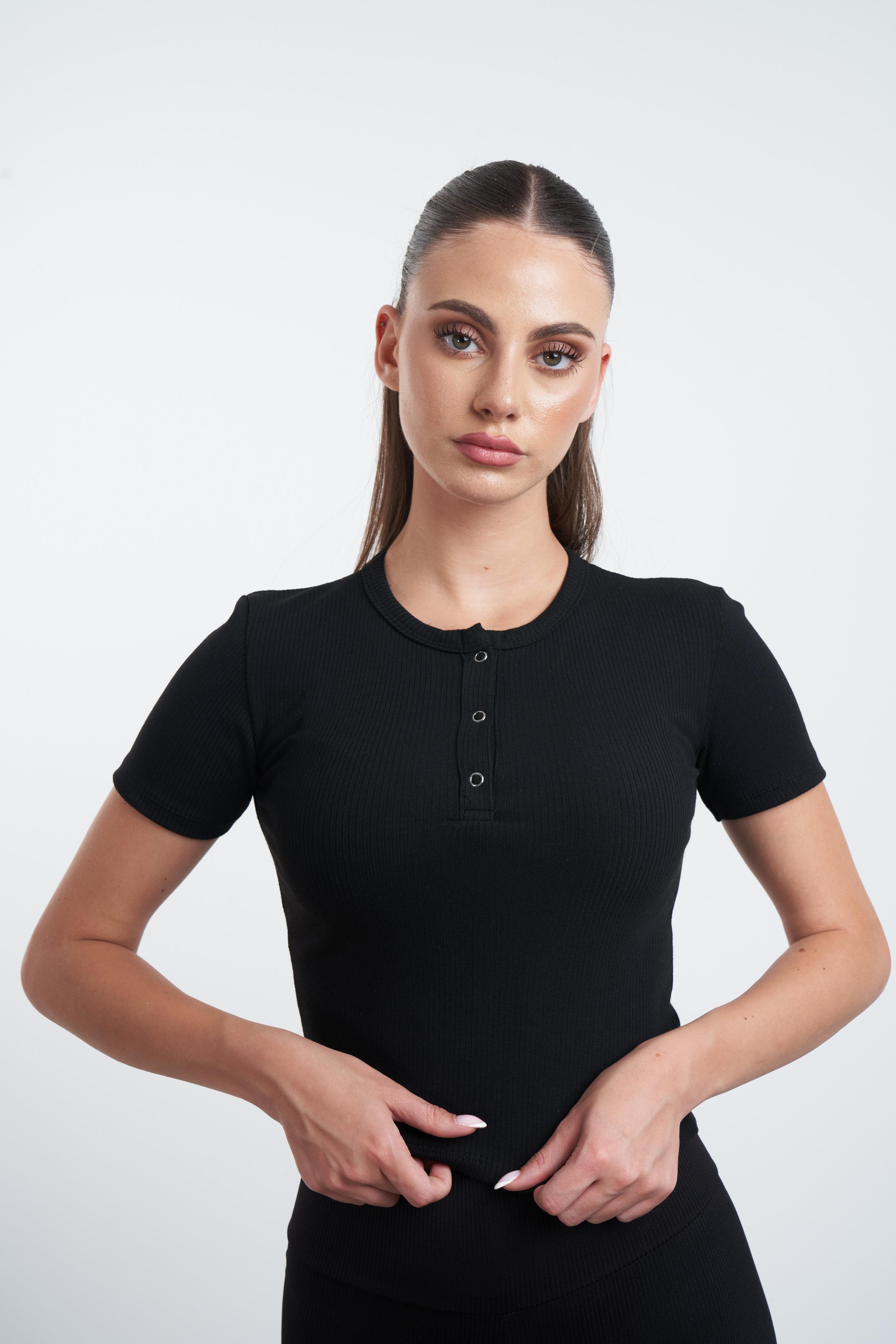 Çizgili Çıt Çıt Detaylı Kaskorse T-shirt Siyah
