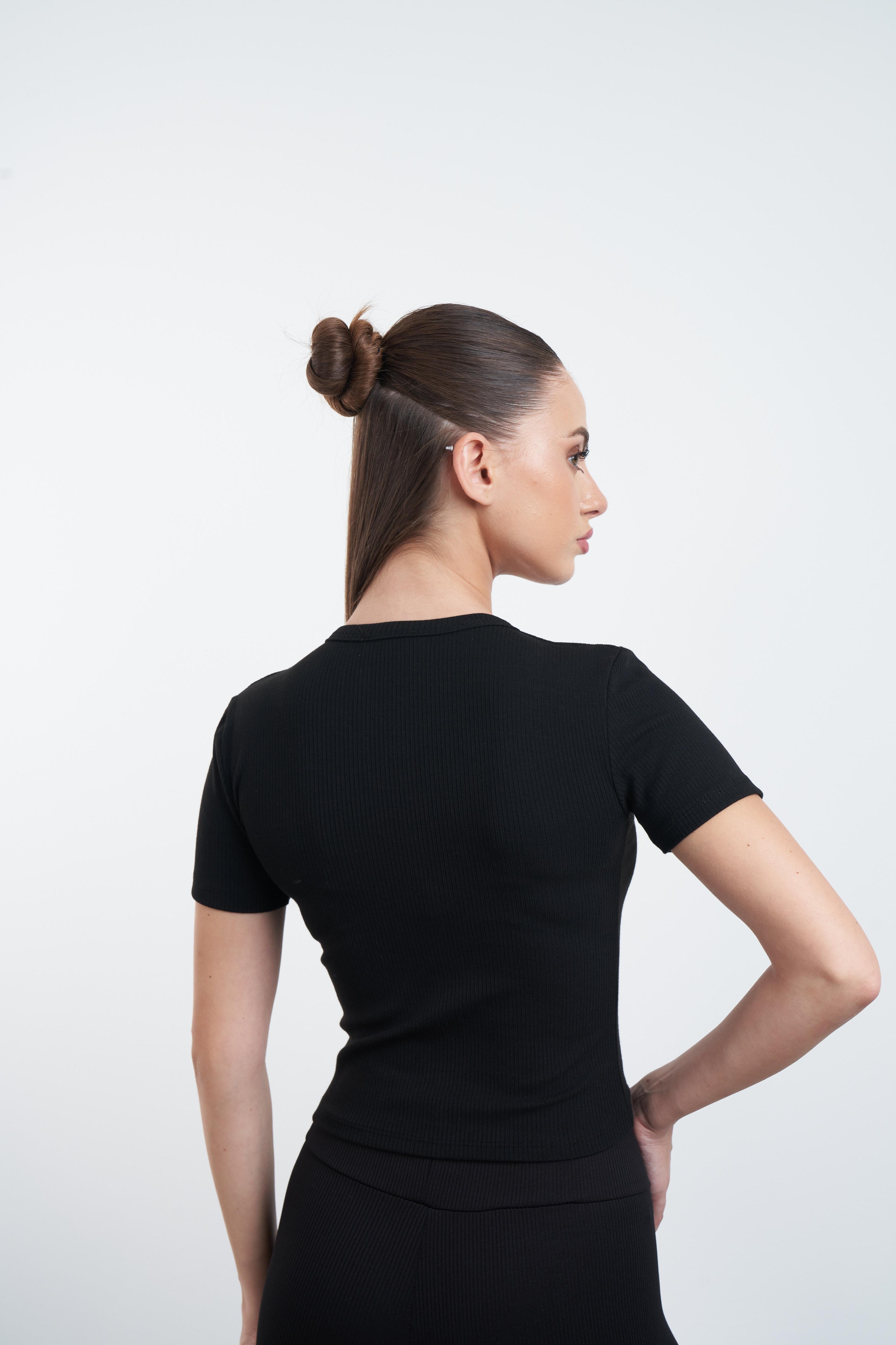 Çizgili Çıt Çıt Detaylı Kaskorse T-shirt Siyah