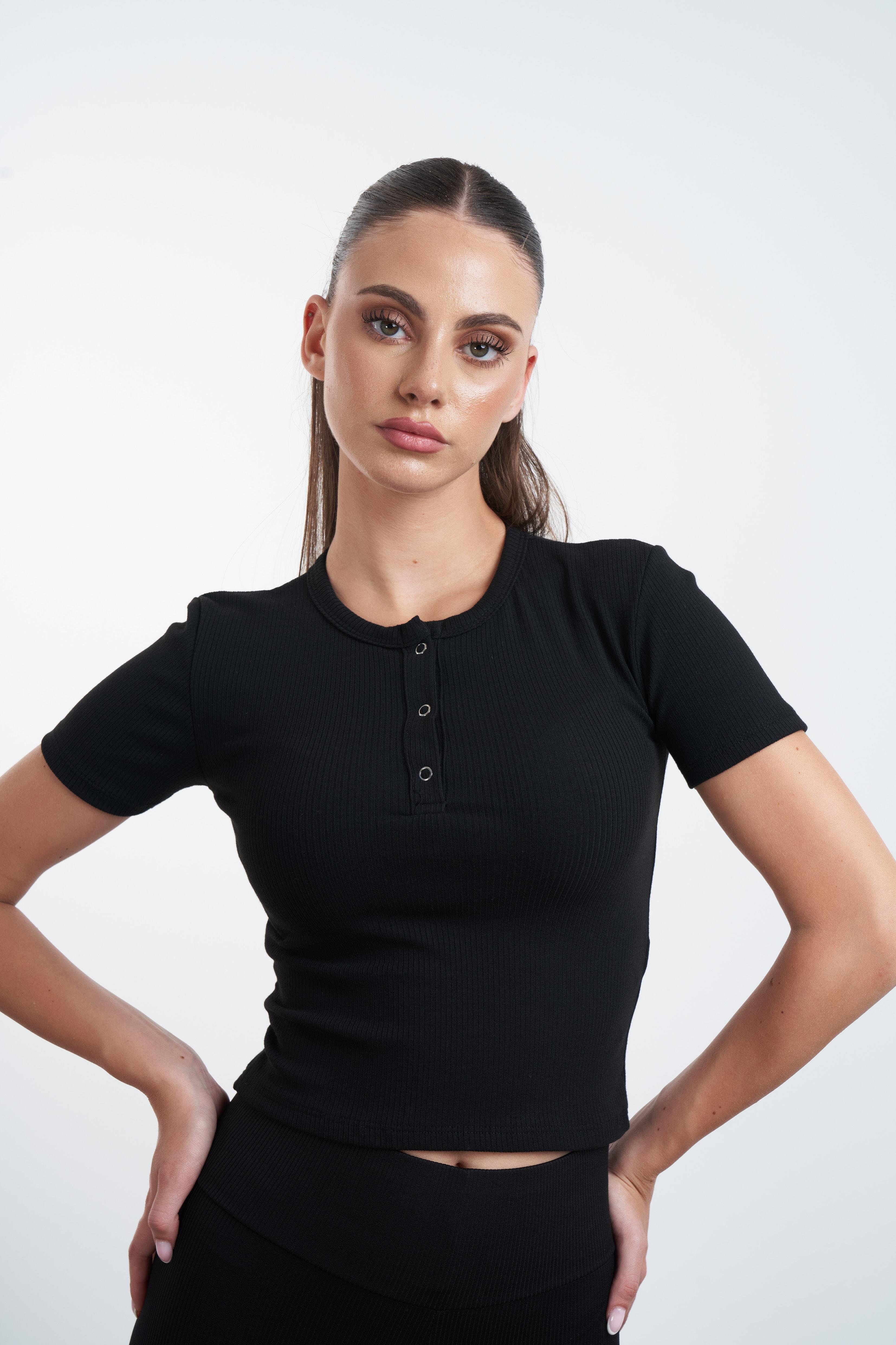 Çizgili Çıt Çıt Detaylı Kaskorse T-shirt Siyah