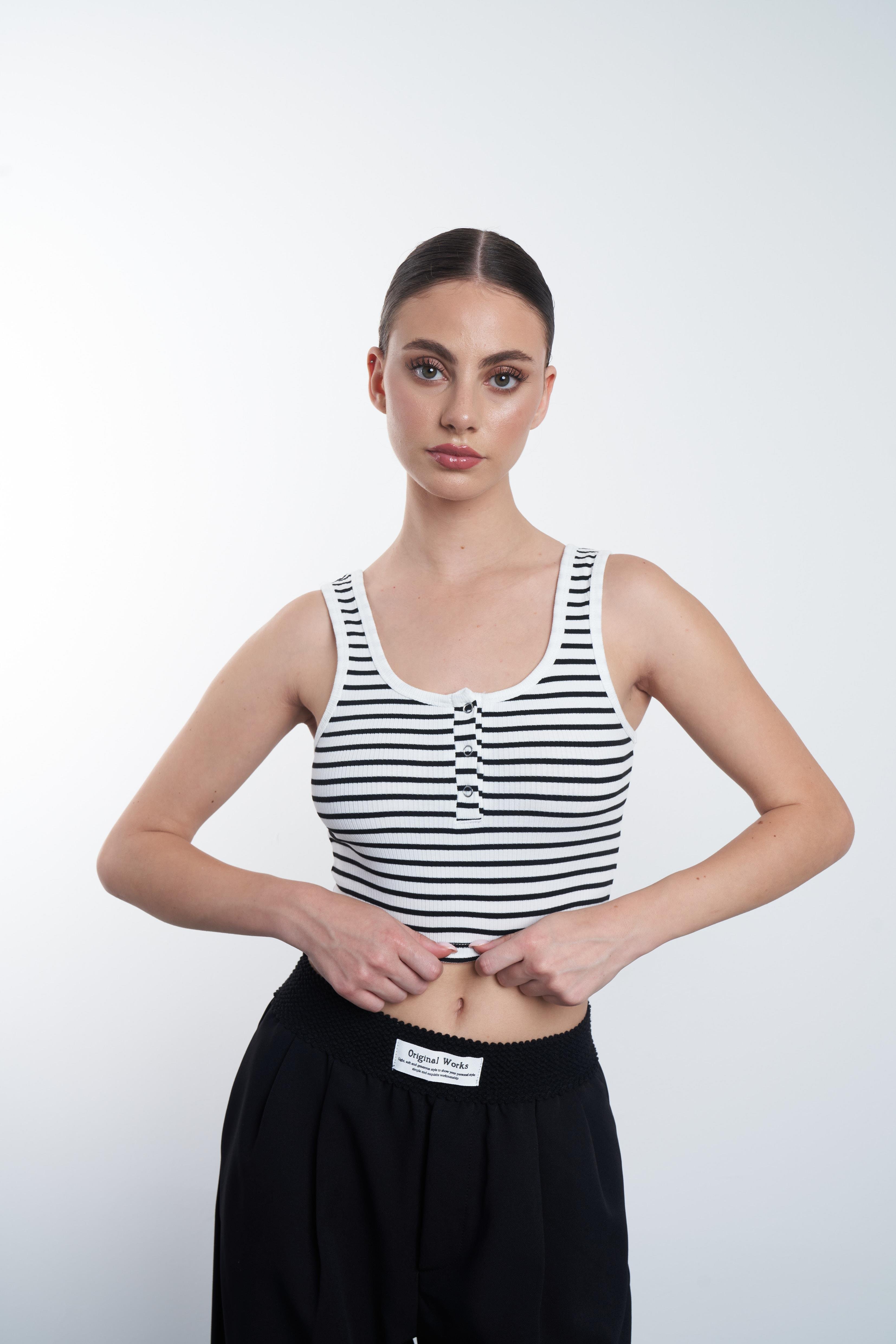 Çizgili Crop Ekru-Siyah